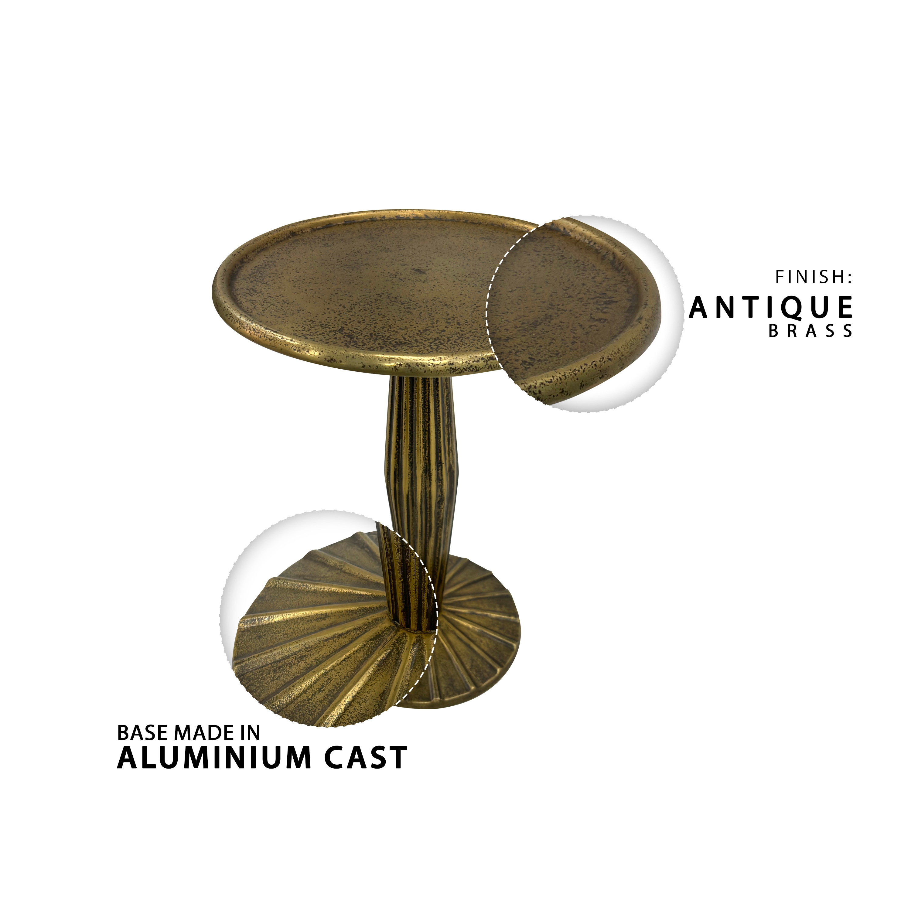Antique Brass 12" Round Metal Side Table with Fluted Base