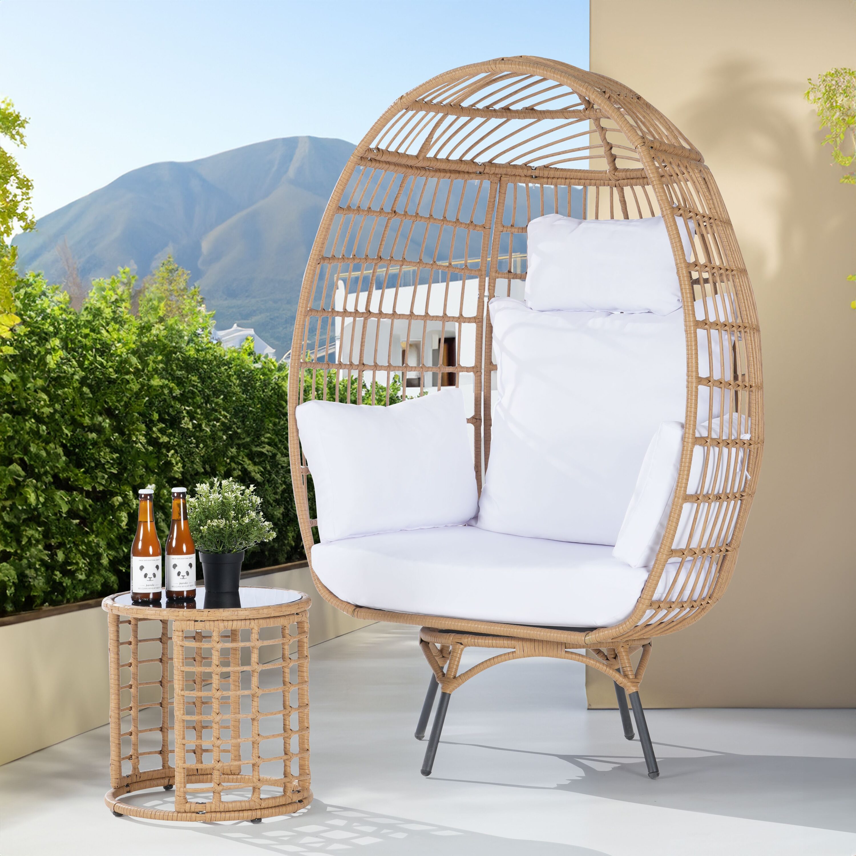 SANSTAR L-RJDC52WT-AC 2 -Piece Wicker Patio Conversation Set with White Cushions