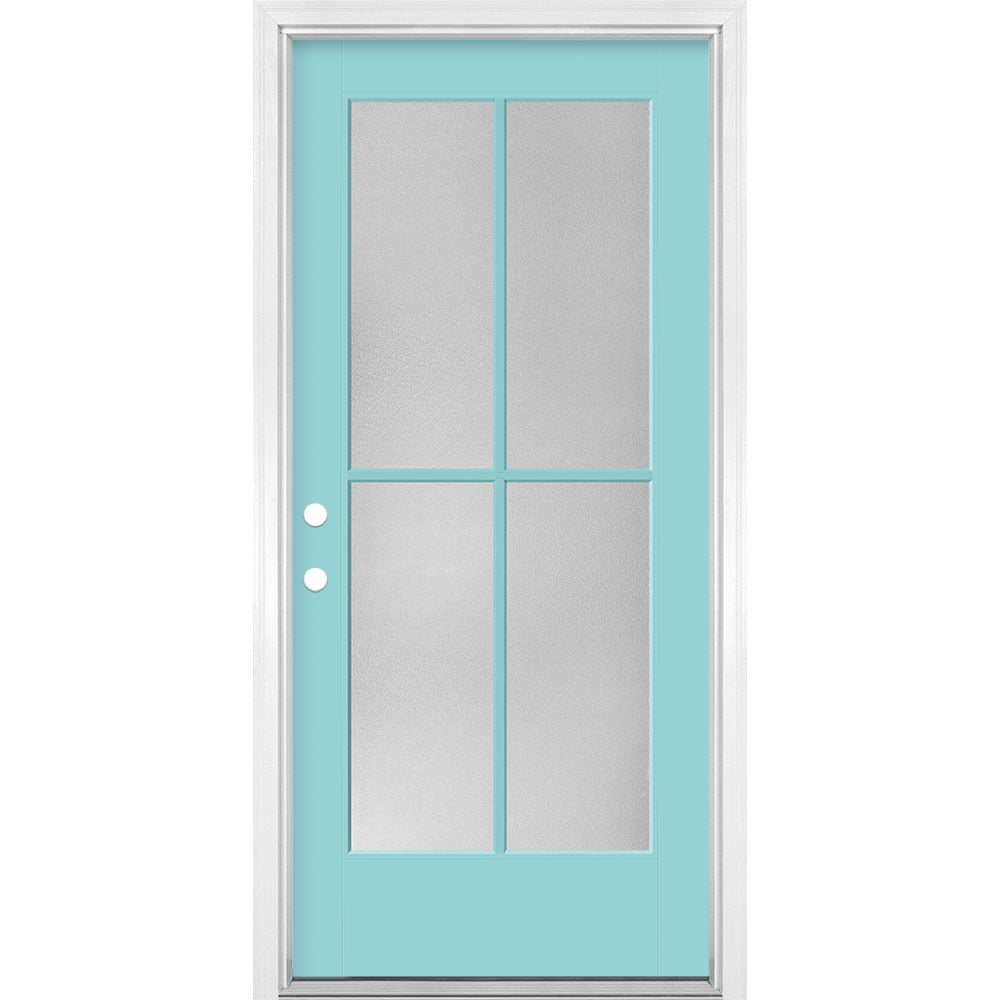 Masonite 1524216 36-in x 80-in x 4-9/16-in Fiberglass Full lite Left-hand inswing Caribbean Blue Painted Prehung Front Door with Brickmould Insulating core