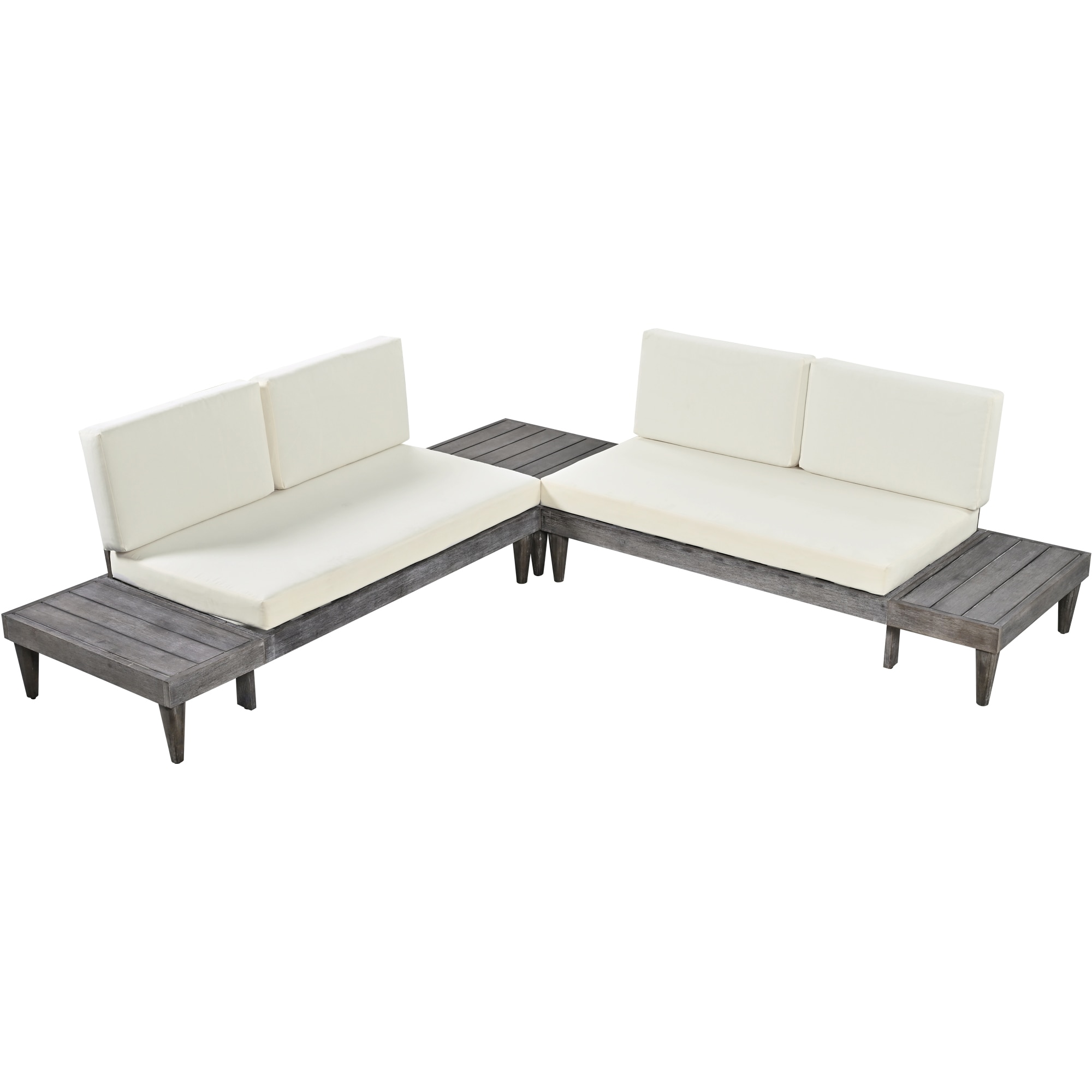 CASAINC JST00000402 Wood Sectional Sofa Set 3-Piece Patio Conversation Set with Off-white Cushions