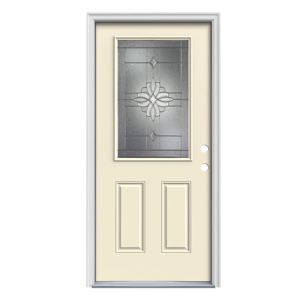 JELD-WEN LOWOLJW167000453 Laurel 36-in x 80-in x 4-9/16-in Steel Half Lite Left-Hand Inswing Bisque Painted Prehung Front Door with Brickmould Insulating Core