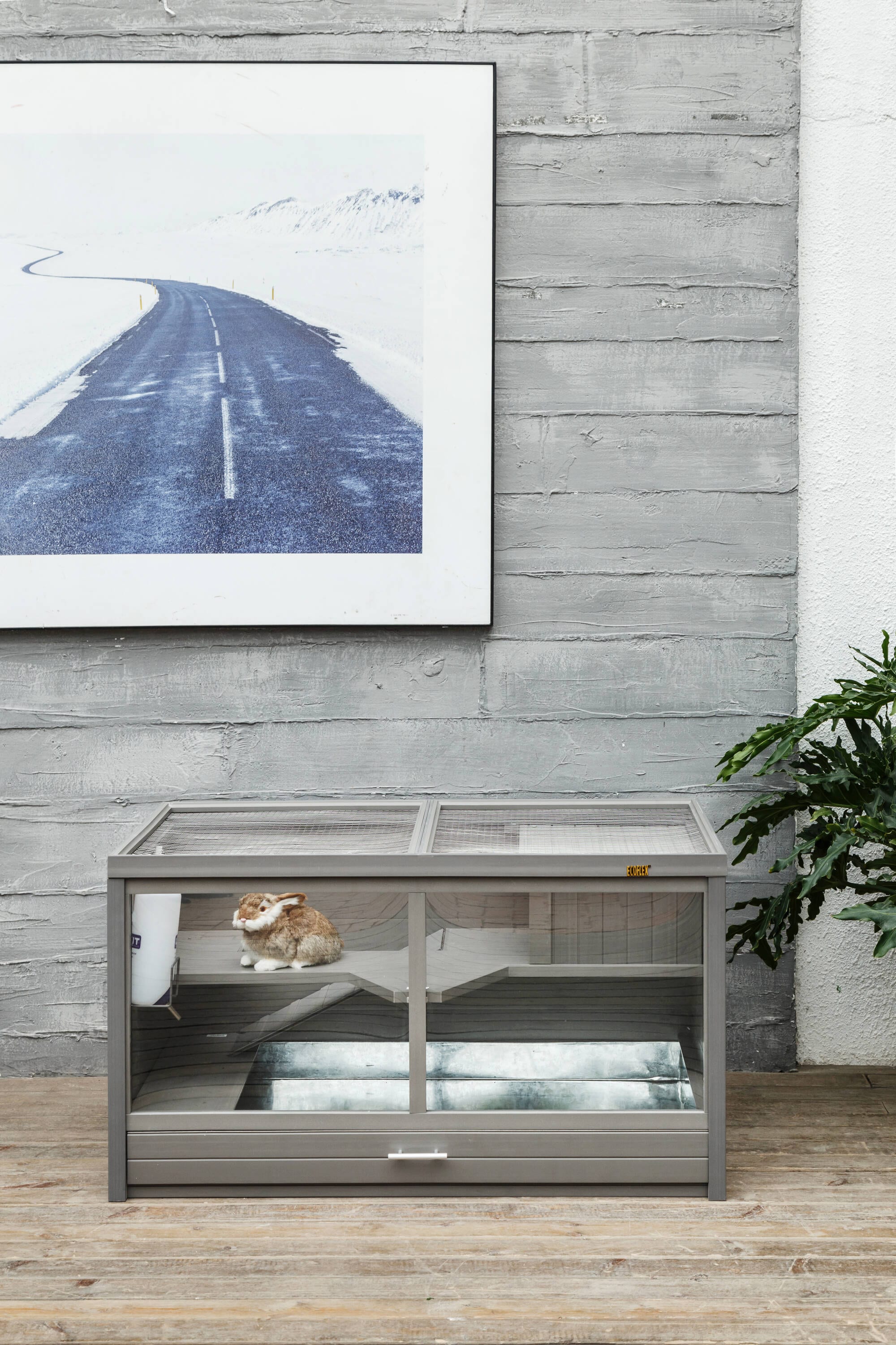 Gray Composite Indoor Rabbit Hutch with Stainless Steel Mesh Lid