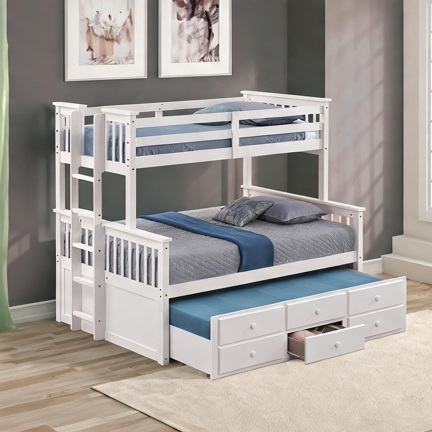 SunJet Twin Over Full Bunk Bed with Storage Trundle and Drawers in Clean White