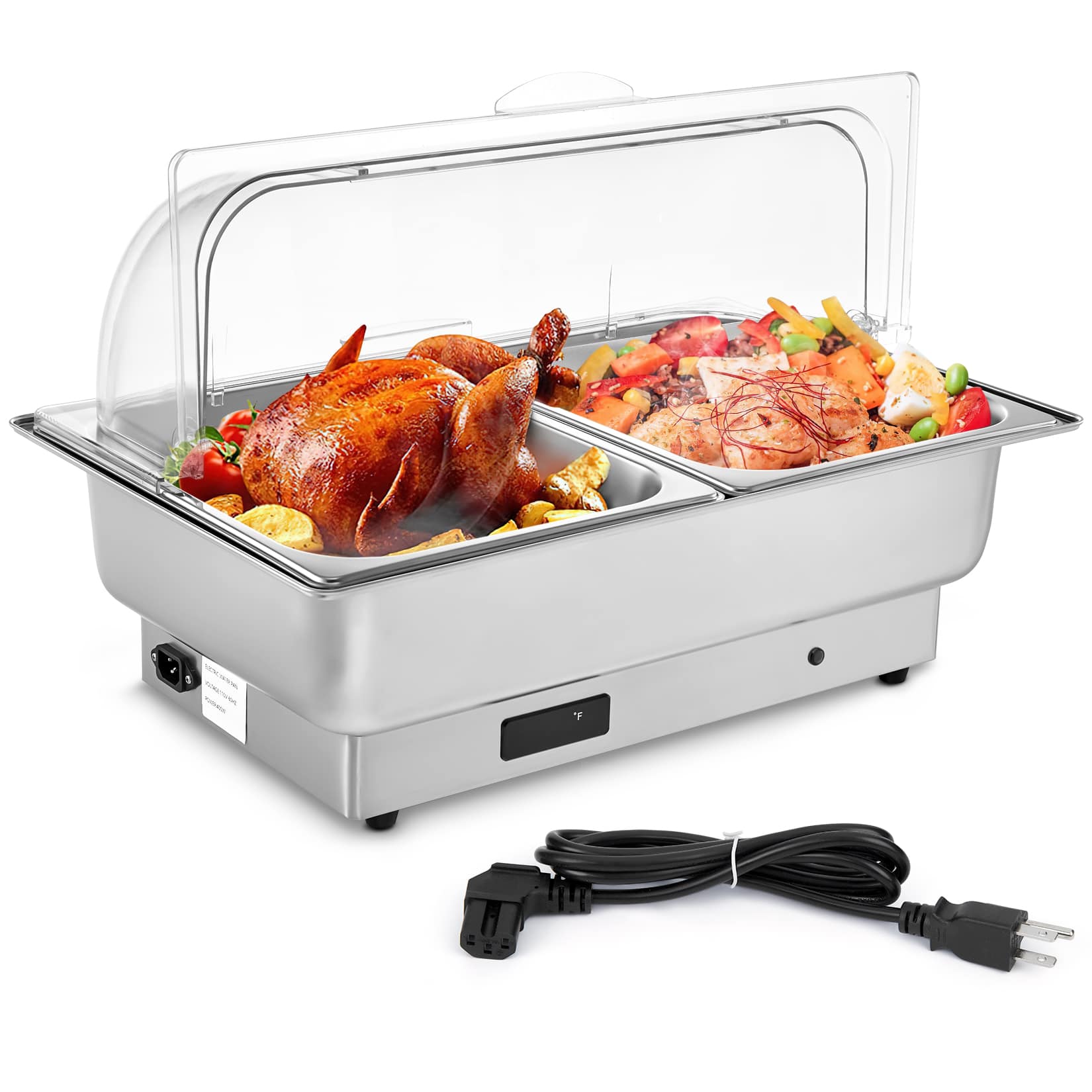 Qeetex JXNAG-PHO-0ZO135RW 9QT Electric Chafing Dish with Temperature Control Roll Top Stainless Steel Chafer with Transparent Lid Rectangular Visible Catering Warmer Server Chafing Dish Buffet Set