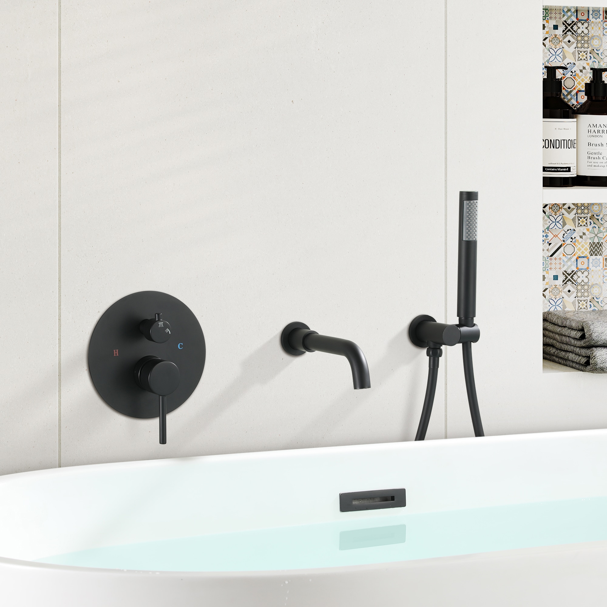 Clihome Black 1-handle Wall-mount Low-arc Bathtub Faucet with Hand Shower  (Valve Included) in the Bathtub Faucets department at