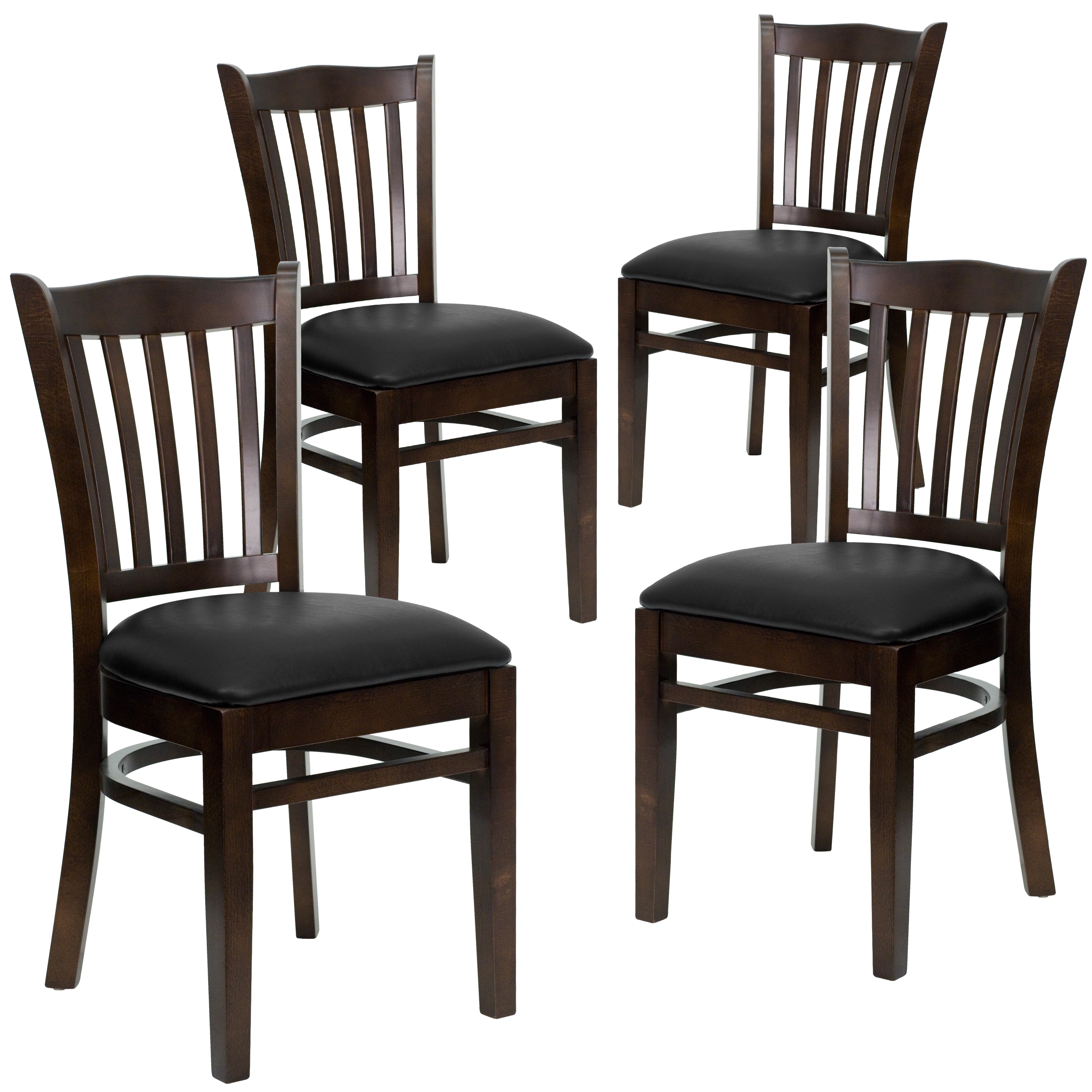 Flash Furniture 847254002707 4 Pack HERCULES Series Vertical Slat Back Walnut Wood Restaurant Chair - Black Vinyl Seat