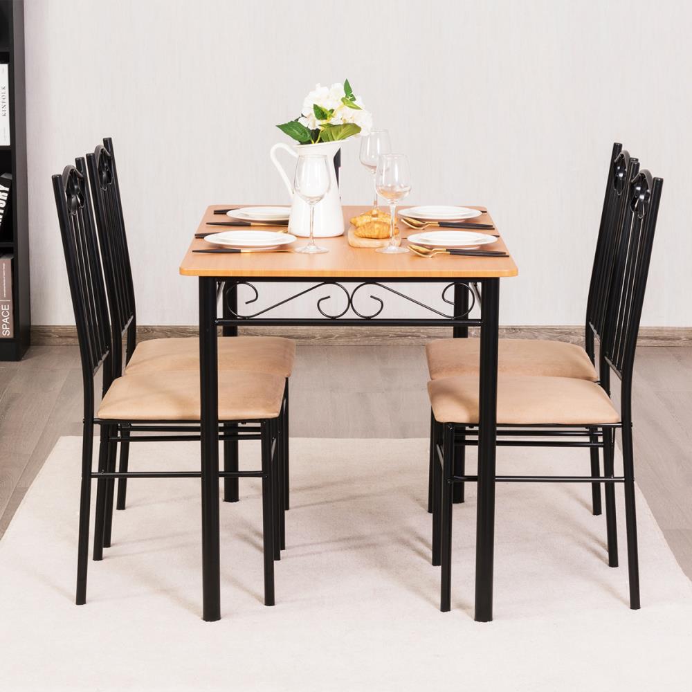 Elegant Hollow-Carved 5-Piece Wood & Metal Dining Set in Wooden Color