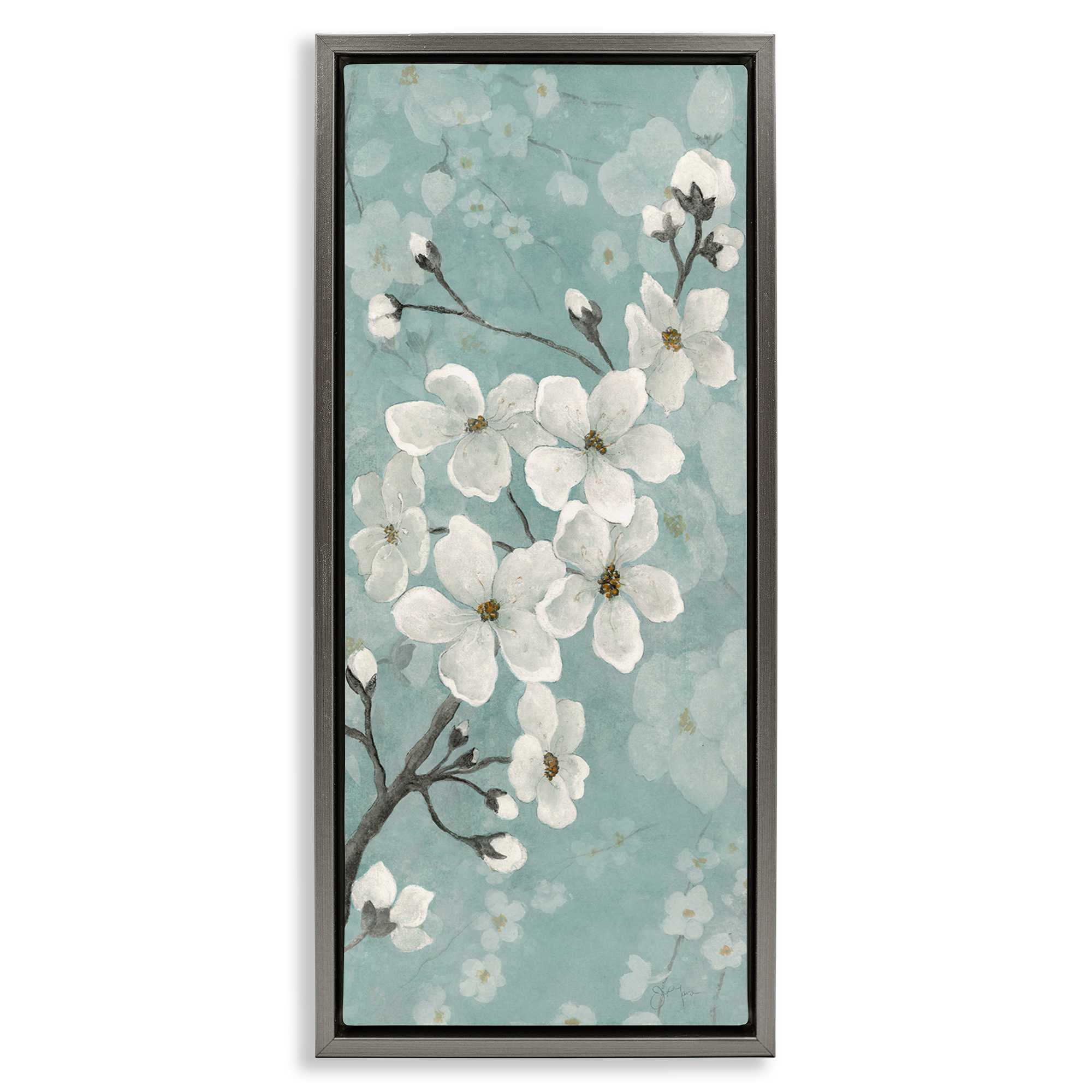 Stupell Industries BS-252-FFL-10X24 Cherry Blossoms on Green Gray Framed Floater Canvas Wall Art By Janet Tava 11 x 25