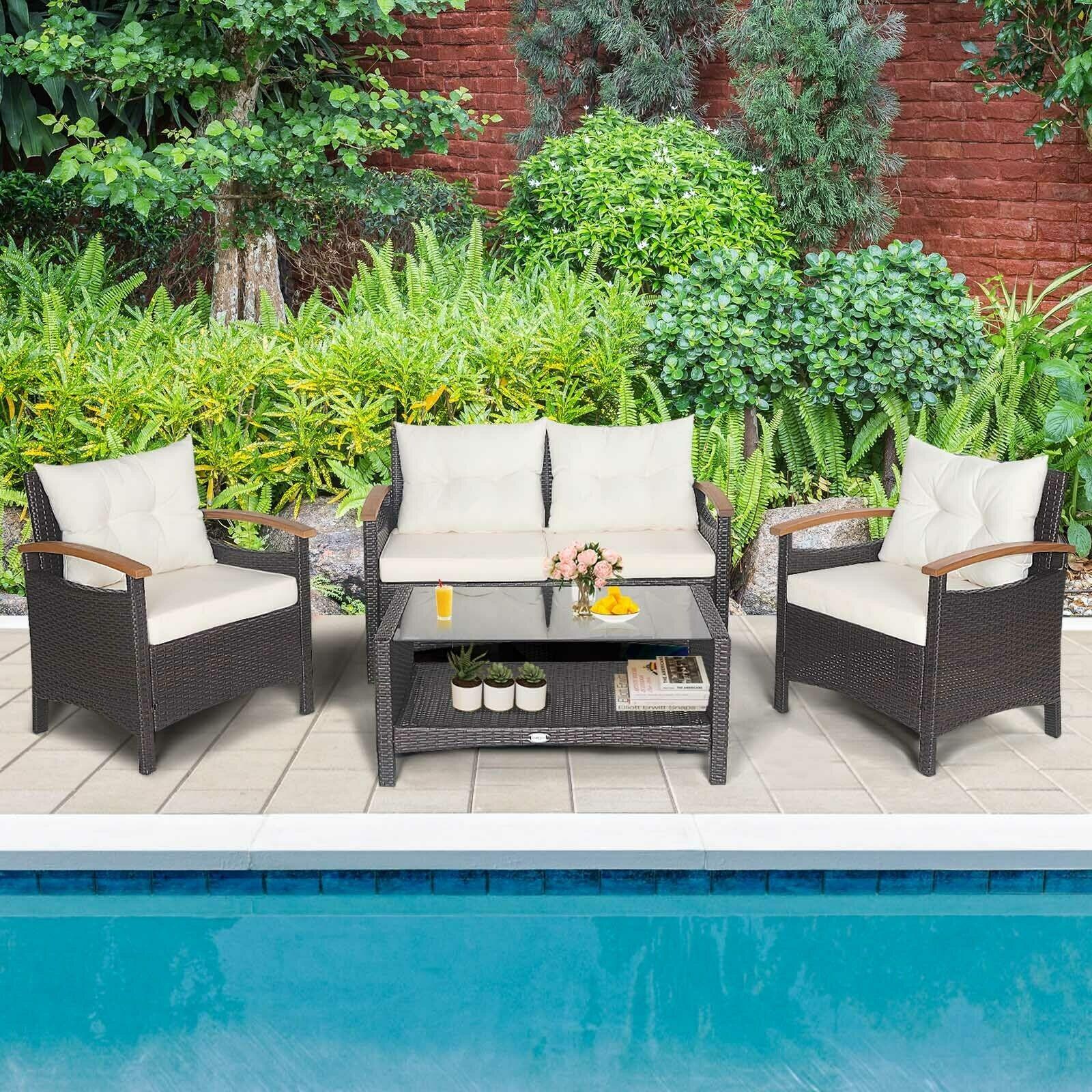 BABOOM BOM-469WH+-CO 4 -Piece Rattan Patio Conversation Set with White Cushions