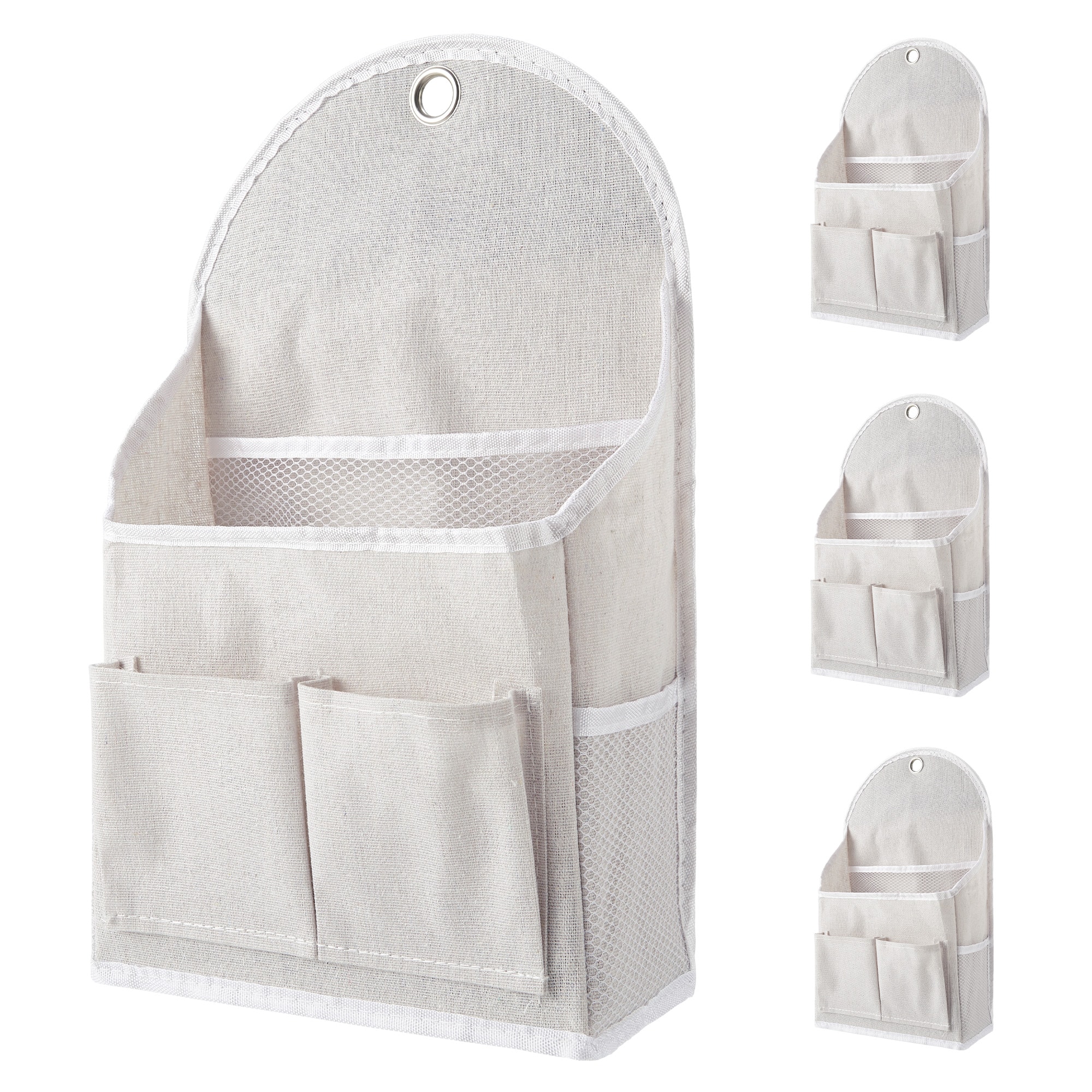 Garvee 4 Pack Wall Hanging Storage Organizer White Cotton Linen Waterproof Wall Pocket with Metal Grommets for Bedroom Bathroom Dorm RV