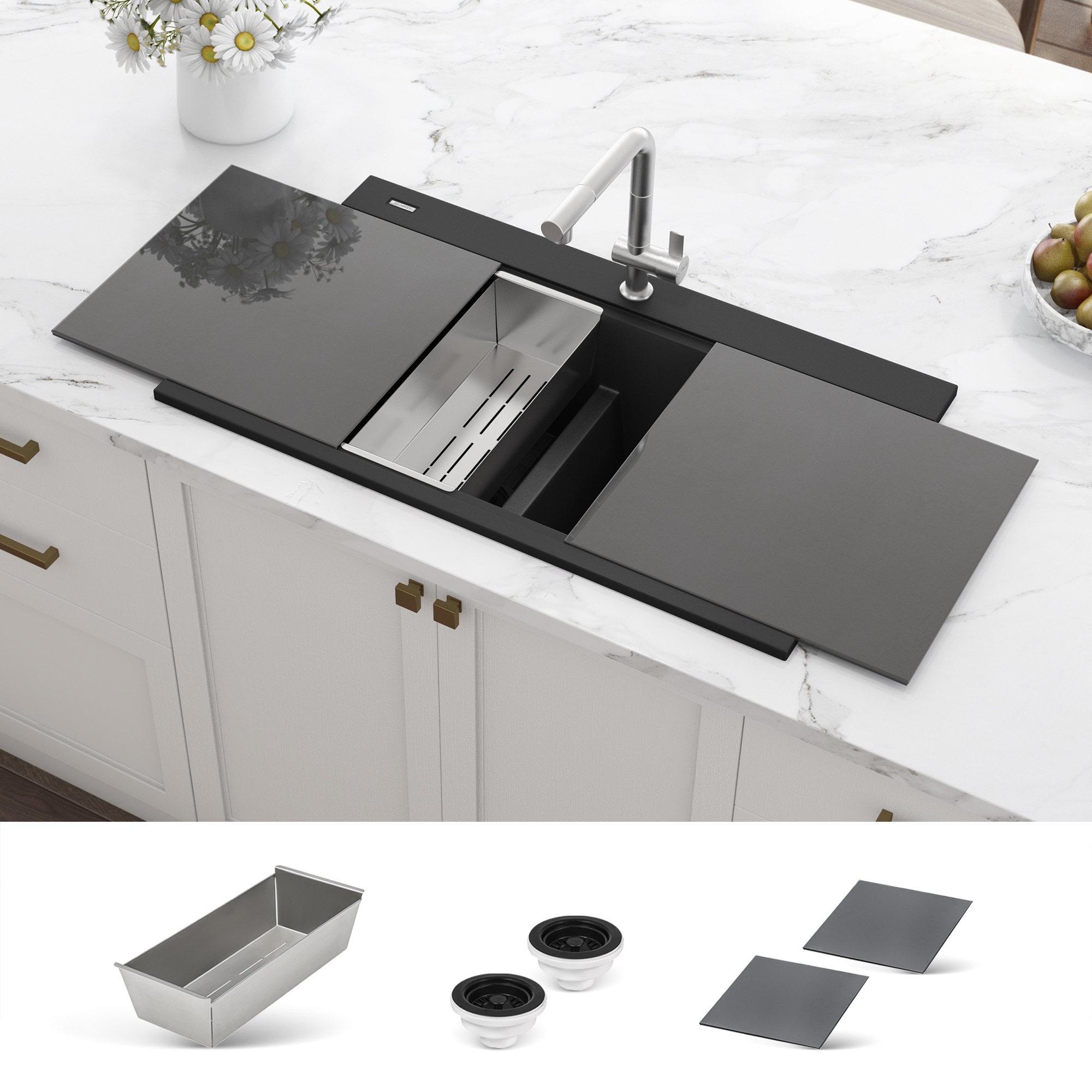 Ruvati RVG1350BK epiGranite Drop-in 34-in x 20-in Granite Double equal bowl Workstation Kitchen Sink