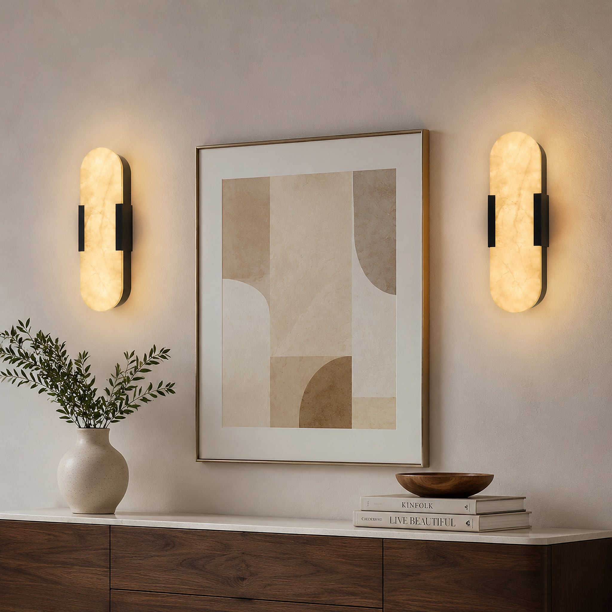 Trivework 13.8in W 2 Natural Marble Black Indoor Modern Wall Sconce