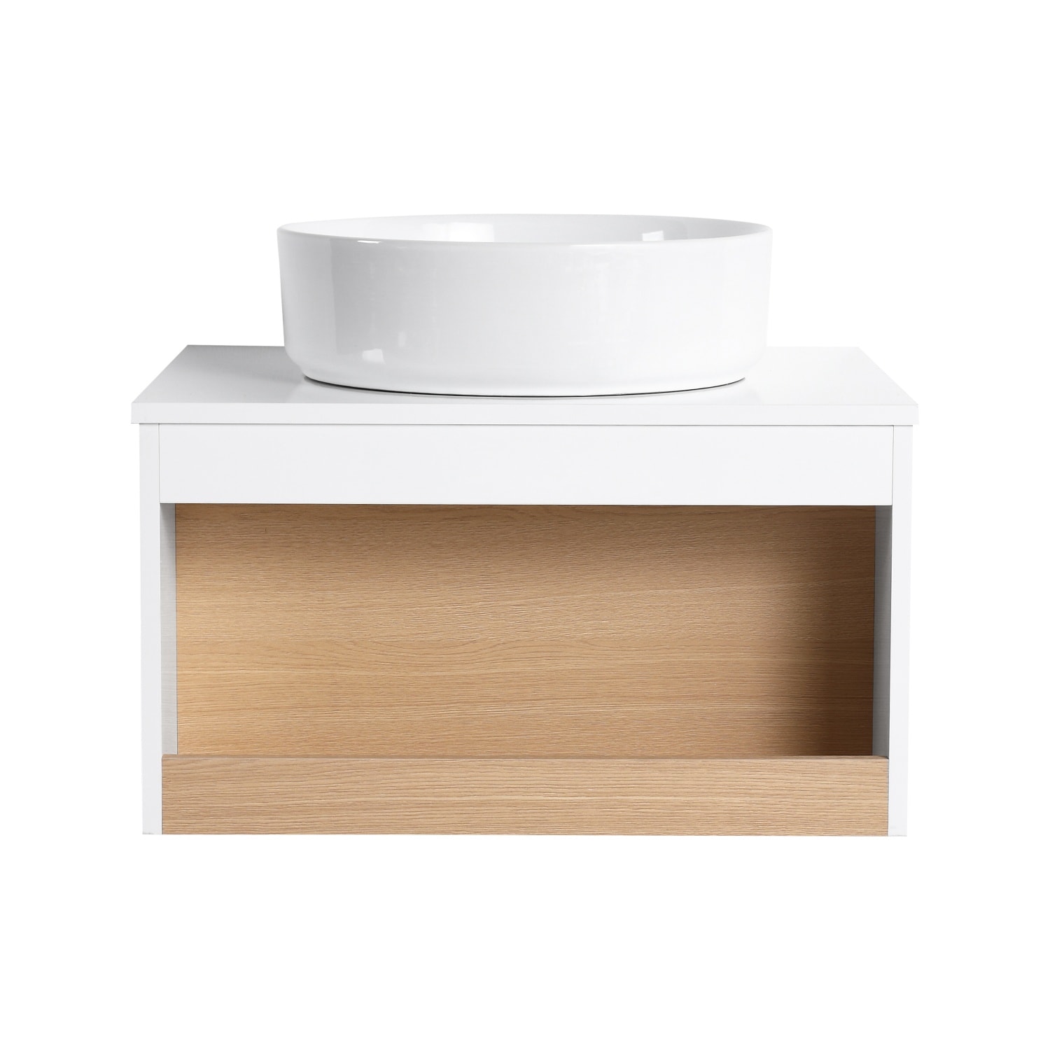 Vanityfus 24 Inch Wall-Mounted Floating Vanity with White Round Vessel Sink and Open Shelf