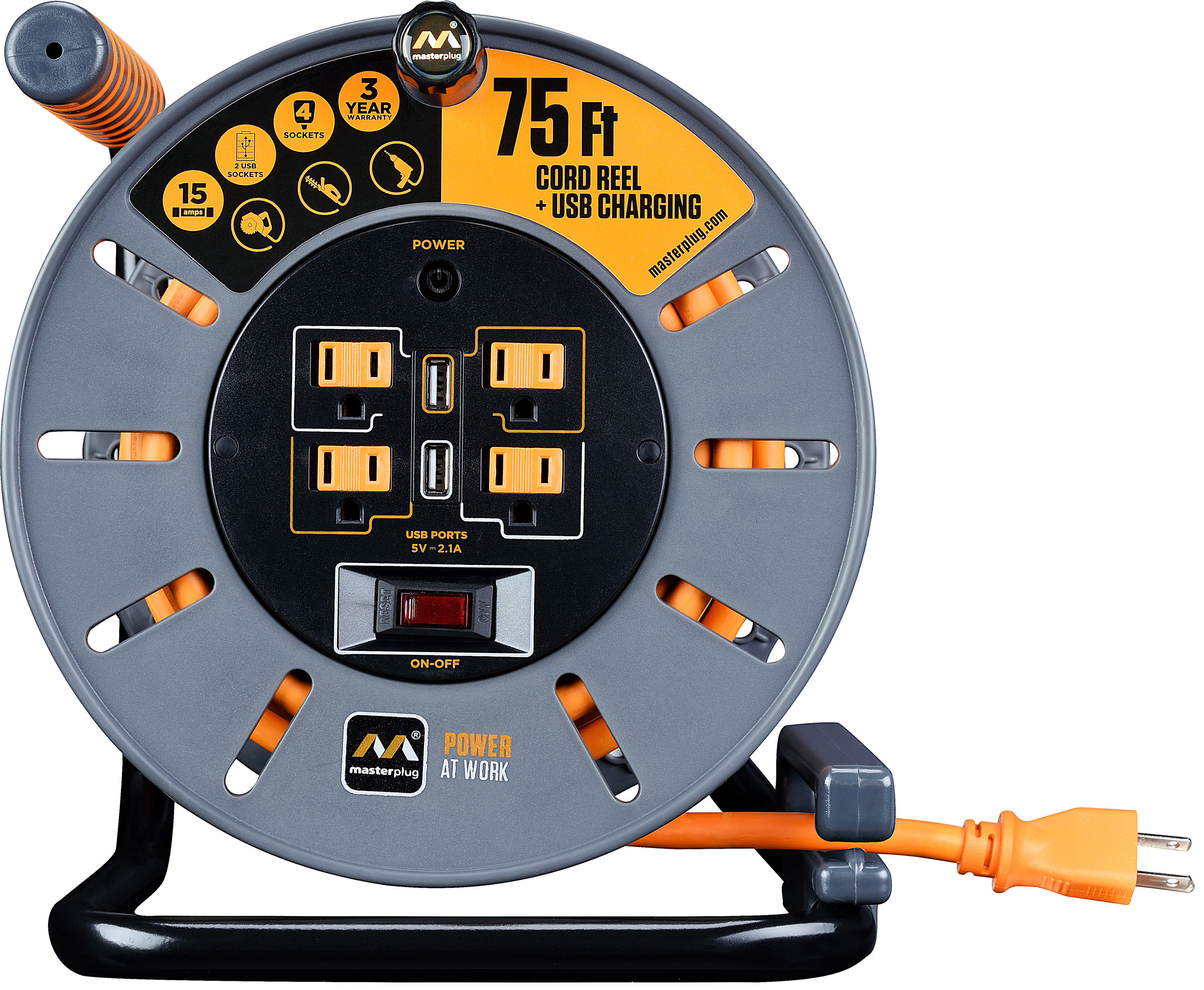 Masterplug 75Ft 4 Sockets 15A 12Awg Large Open Reel with Usb