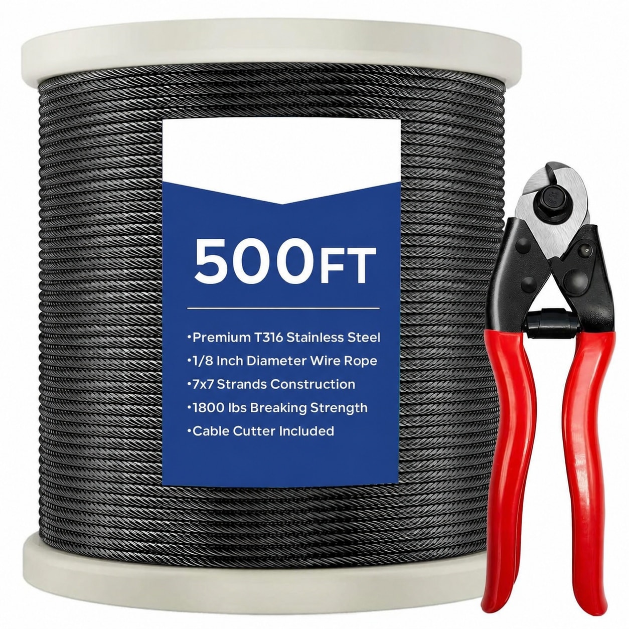 Misopily  500FT Black Stainless Steel Wire Rope Kit with Cutter 1 8 Inch T316 Cable for Deck Railing Stair Outdoor Garden Fence Flexible 7x7