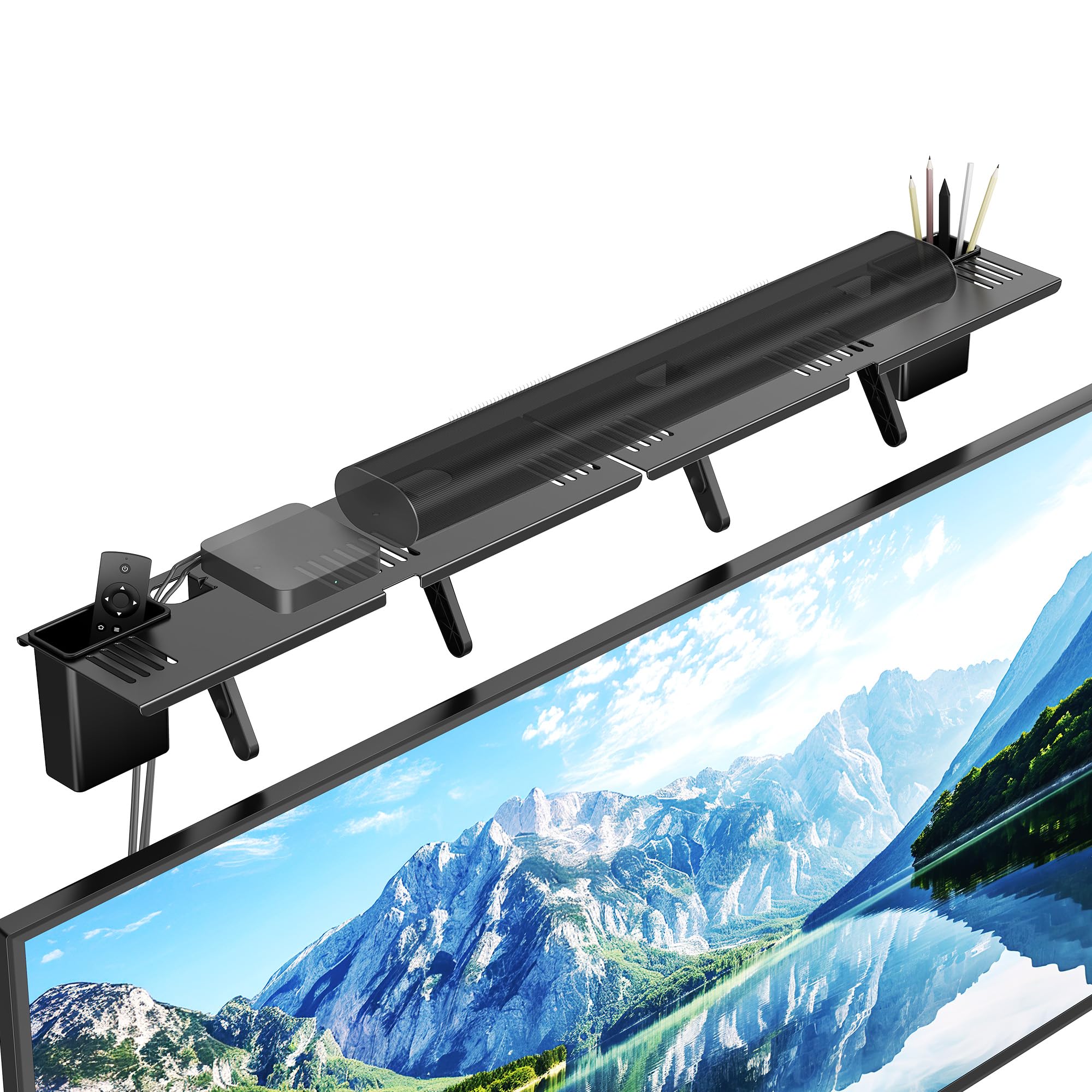 Ahfiwaso  Soundbar Mount No Drilling Steel TV Top Shelf with Storage Boxes Supports up to 15 lbs Fits Most Flat Screen TVs 33.8 in