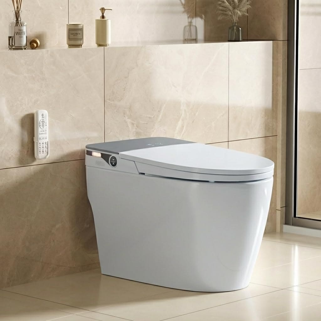IdealHouse - Black Smart Toilet with Bidet One Piece Toilet with Tank and Pump for Low Water Pres...