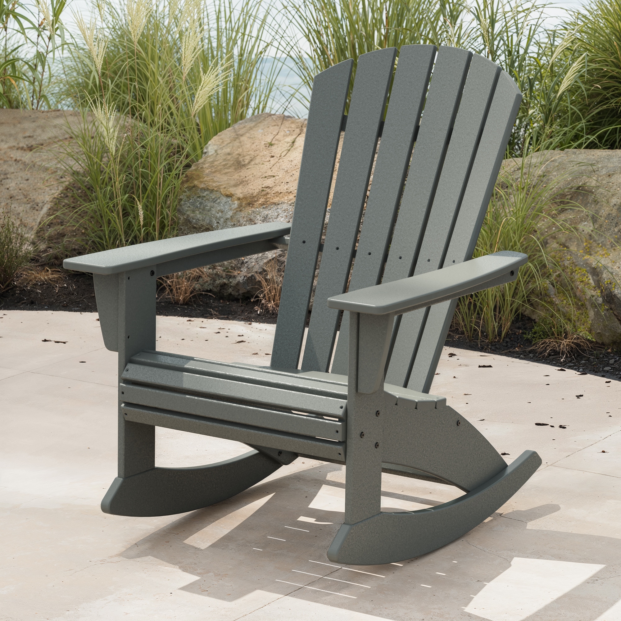 POLYWOOD ADR610GY Nautical Slate Grey Plastic Frame Rocking Chair with Slat Seat