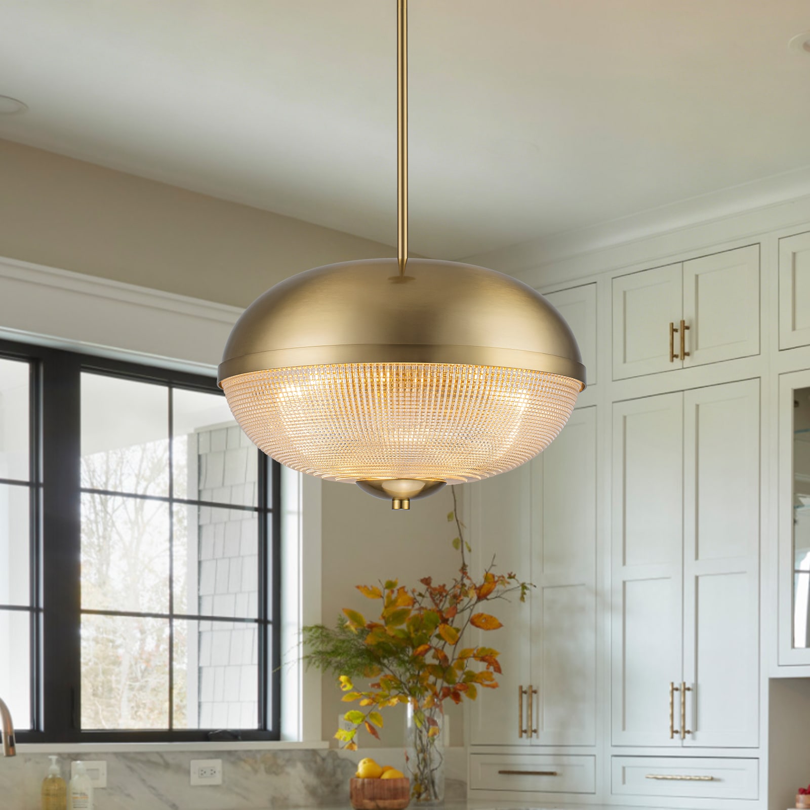 LLHZSY 3 -Light Gold French country/cottage Clear glass Bowl Hanging Pendant Light