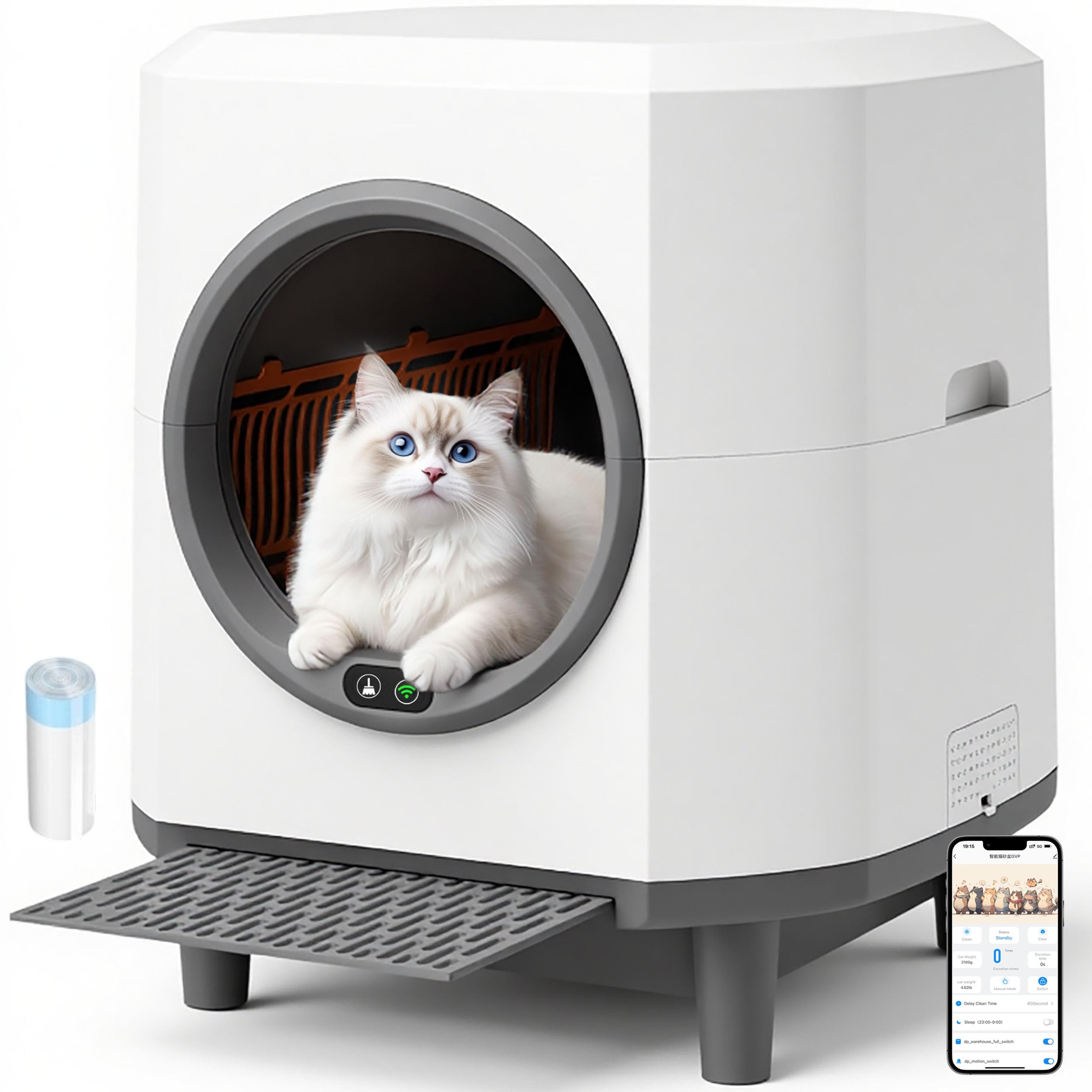 Anqtovp  Self Cleaning Litter Box Automatic App Controlled 90L Capacity Dual Safety Sensors 1 Roll Garbage Bags White Odor Control for Multiple Cats