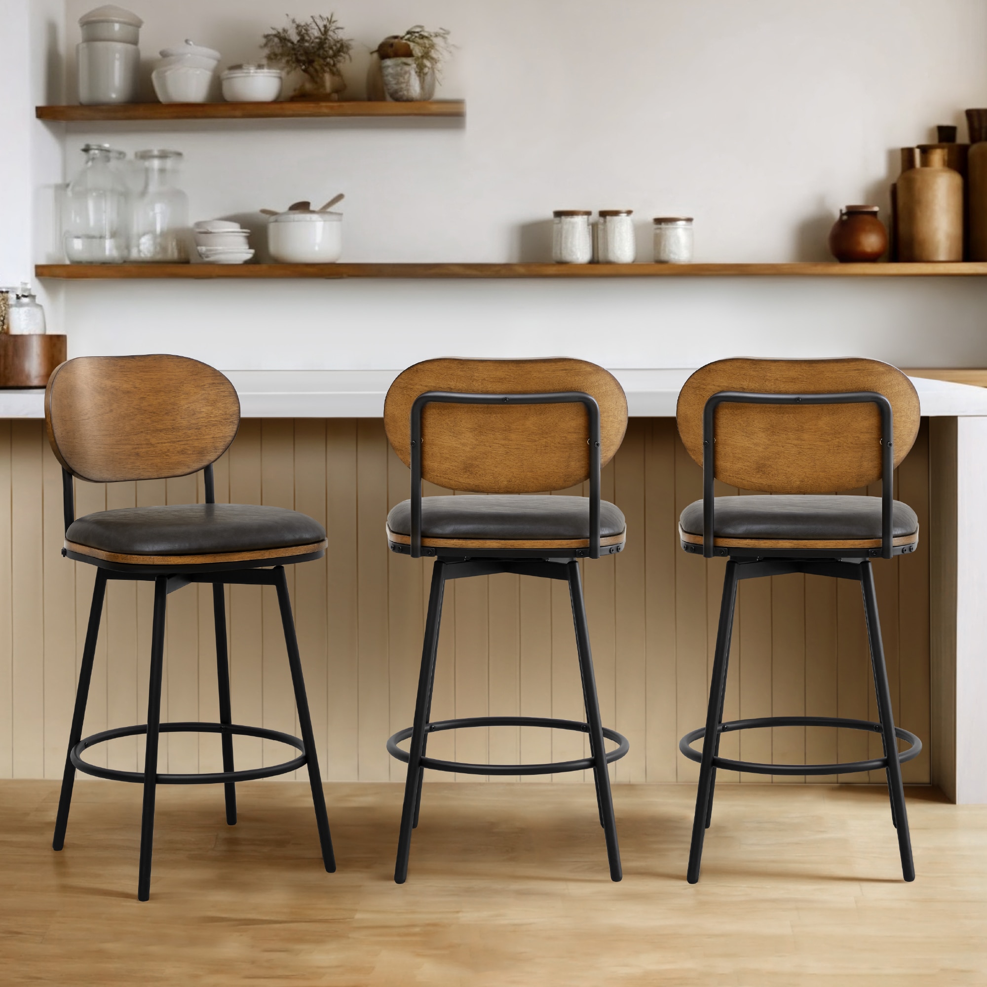 Circle 55 3-LWSBS72022-PUT1023 Dark Gray 27.2-in H Counter height Round seat Upholstered Swivel Metal Bar Stool and Back