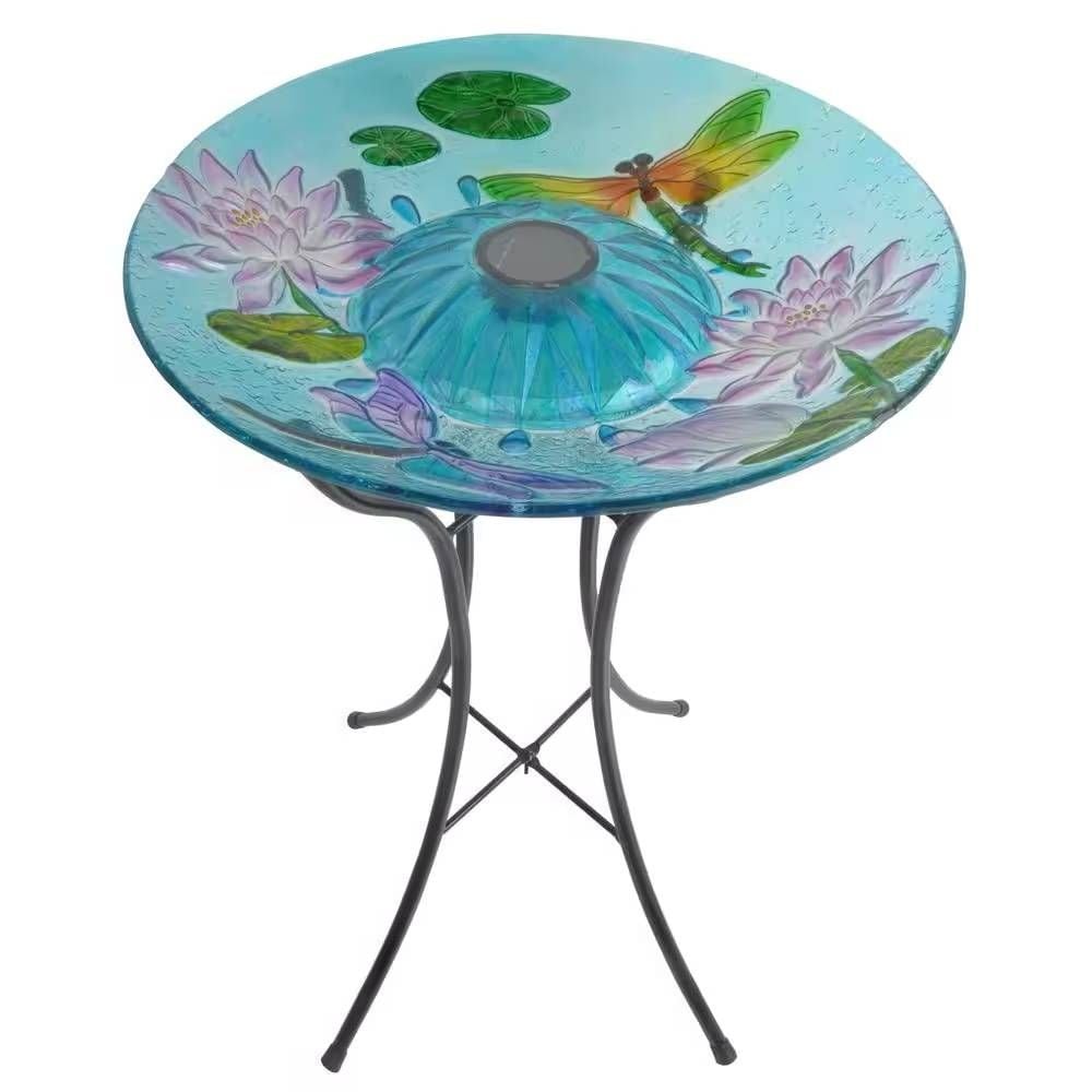 Slickblue Dragonfly Glass Bowl Birdbath with Metal Stand (21.2 H Inch) Multicolor Glass Birdbath for Yard and Lawn