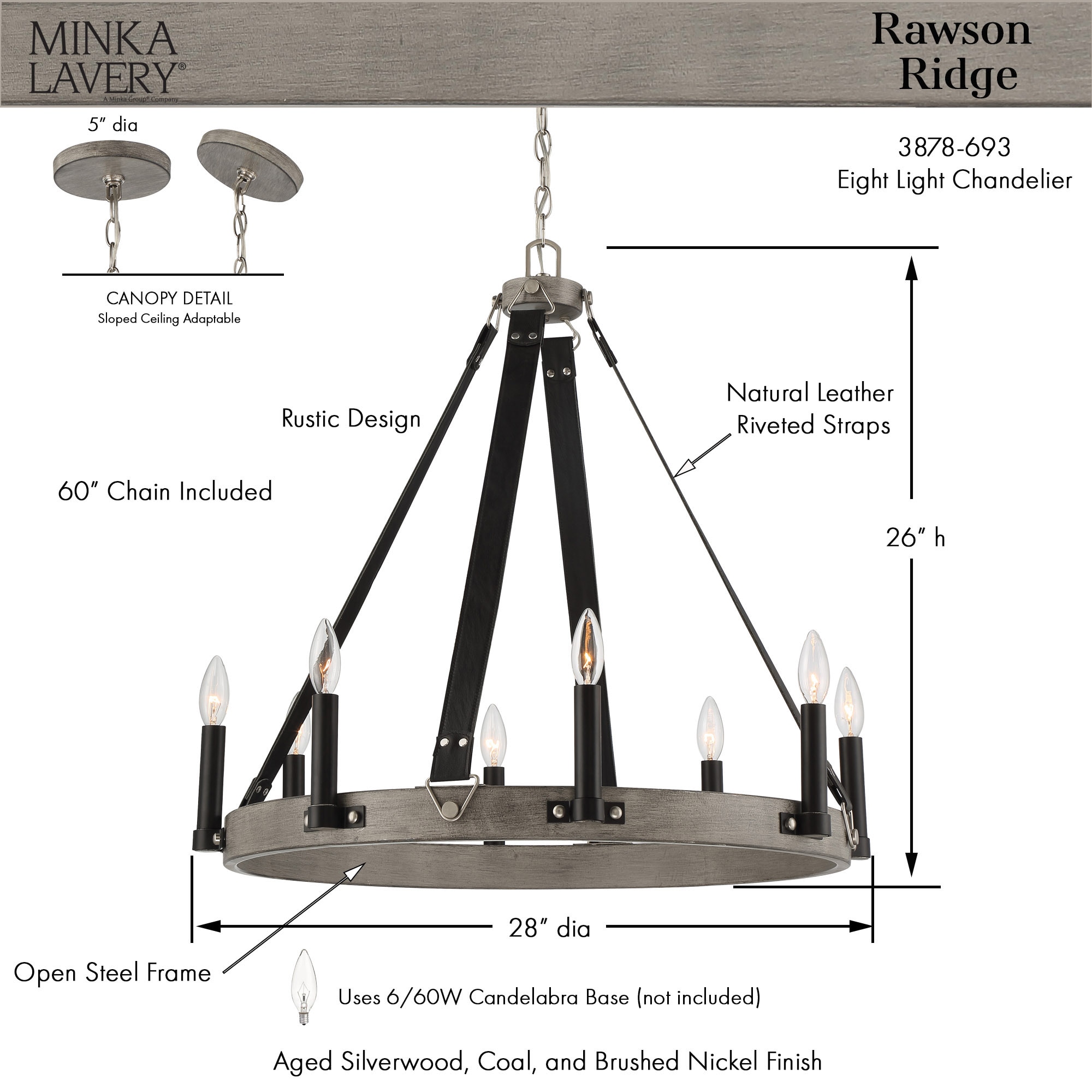 Rawson Ridge Aged Silverwood 8-Light Nickel Chandelier