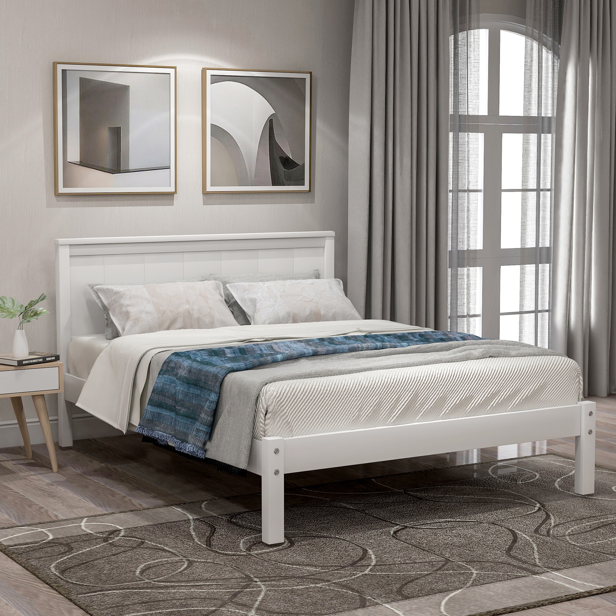 ModernLuxe WF212811AAK Platform Bed Frame with Headboard Wood Slat Support No Box Spring NeededTwin White