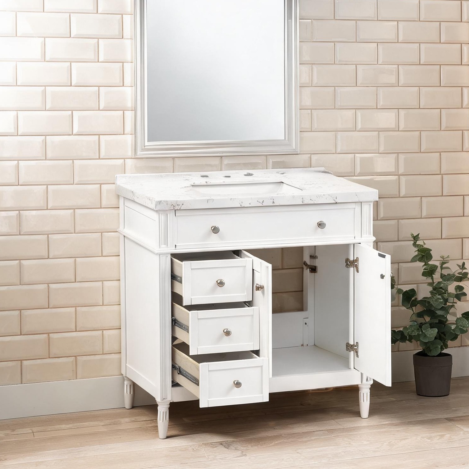 Watnature - 37-Inch White Bathroom Vanity with Engineered Stone Top and Soft-Close Doors