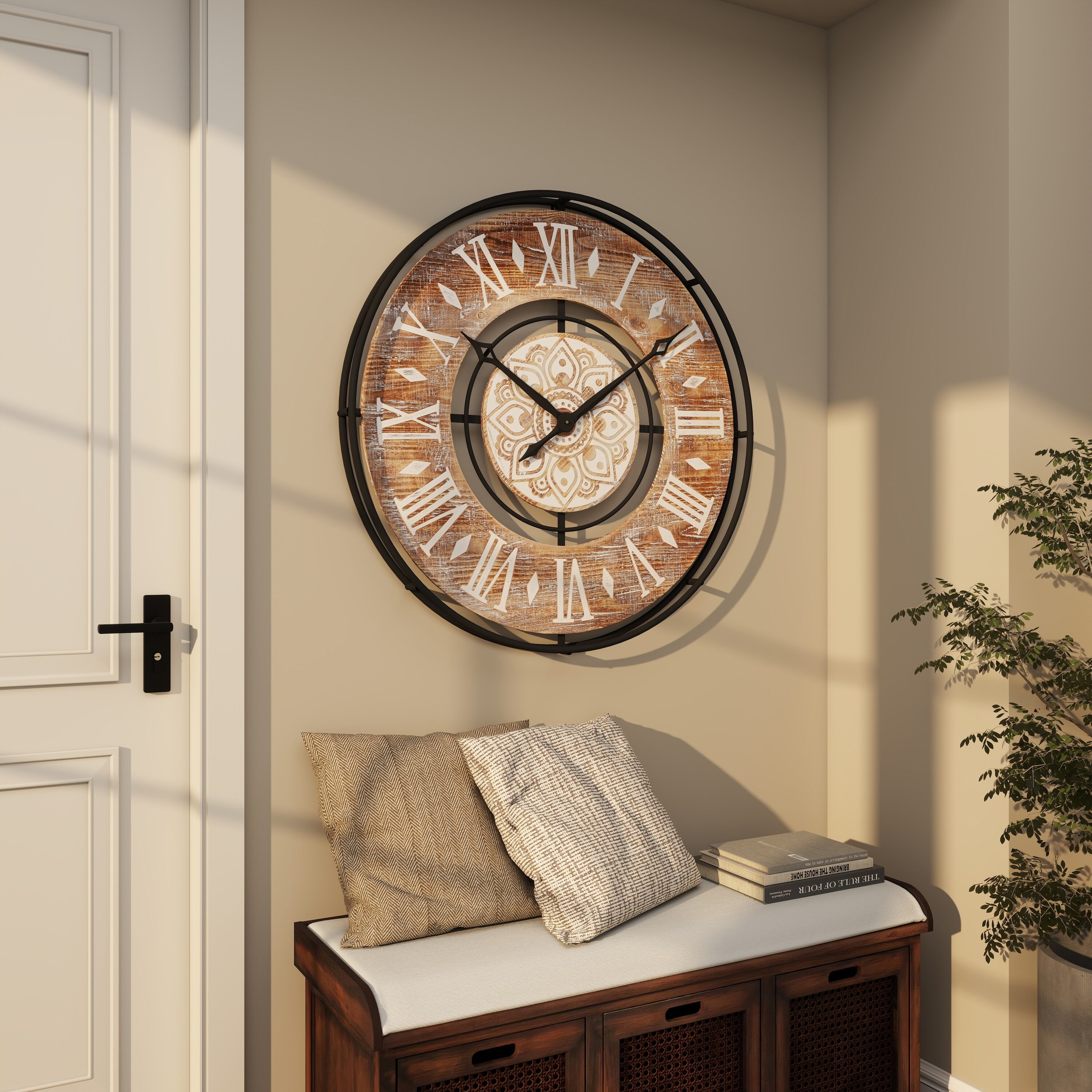 34" Brown Metal and Wood Industrial Wall Clock