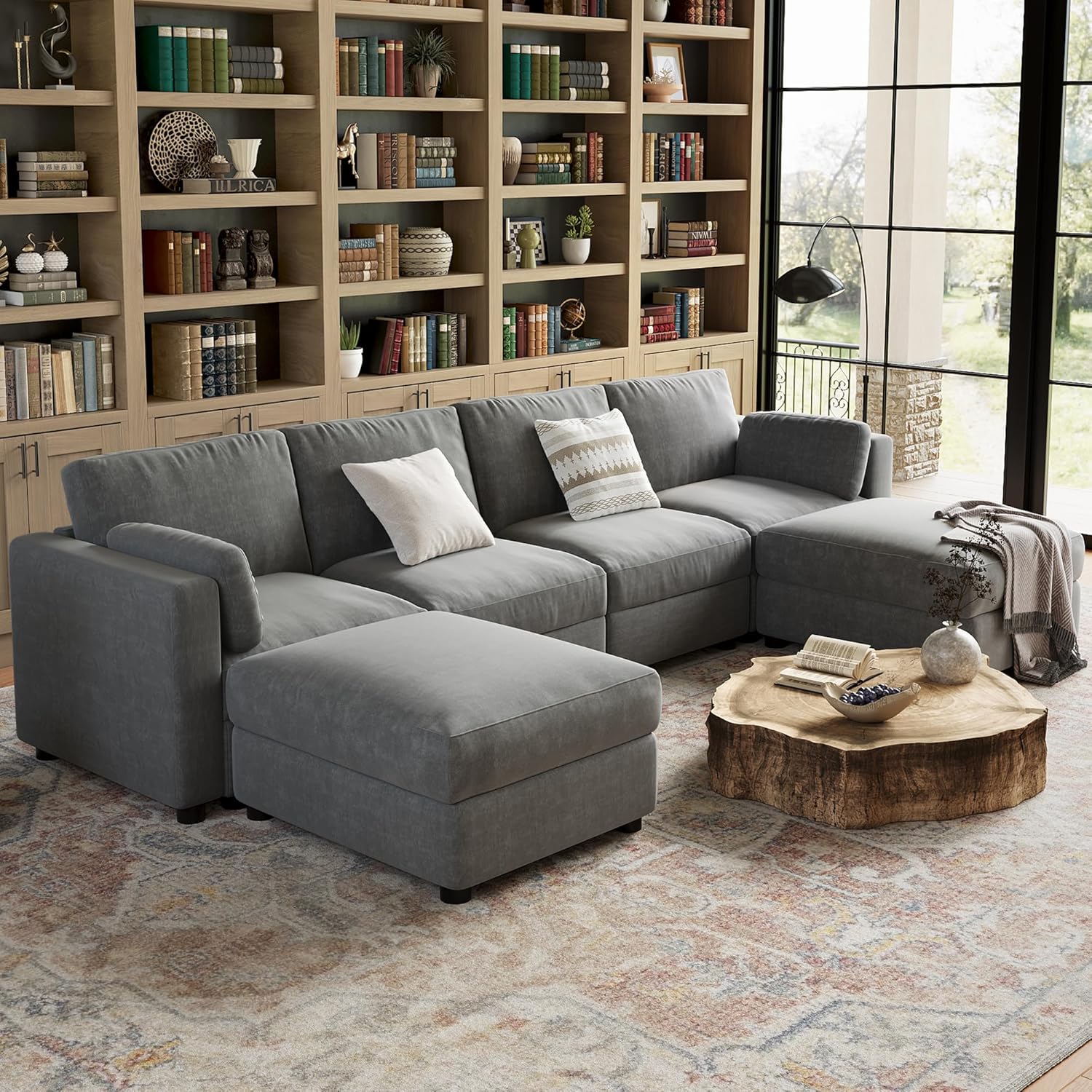 Garvee 135.5in Modular Sectional Sofa - 6 Seater Sectional Couch - U Shaped Sofa with Ottoman - Oversized Convertible Modular Couch for Living Room Apartment Office - Chenille Grey