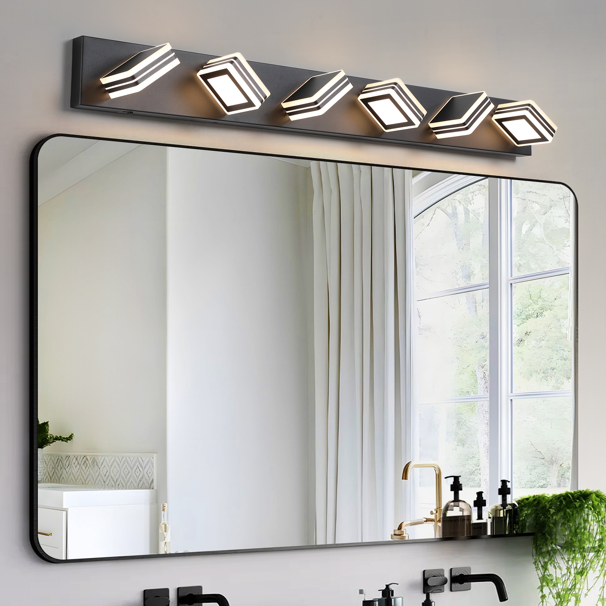 LOVMOR 39 Inch Modern Black 6-Light LED Vanity Light Square Acrylic Lampshades Wall Mount Fixture for Bathroom Mirror Lighting