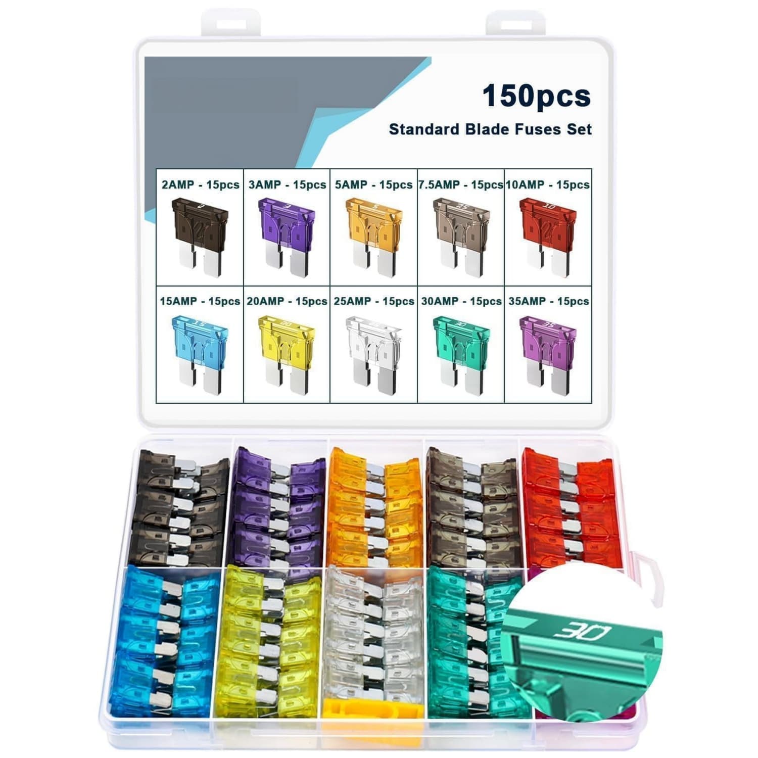OGETFUUR 150 Pcs Car Fuses 2A-35A Standard ATC Blade Assortment with Puller Color-Coded White Amp Markings for Truck RV Boat Trailer Fuse Kit