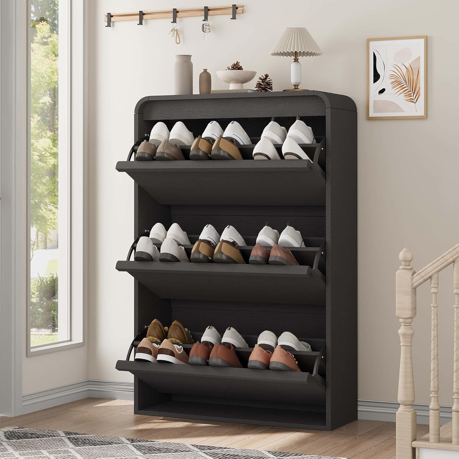 GAOMON Black Shoe Cabinet with Three Flip Drawers Adjustable Shelf Hidden Shoe Storage for Entryway