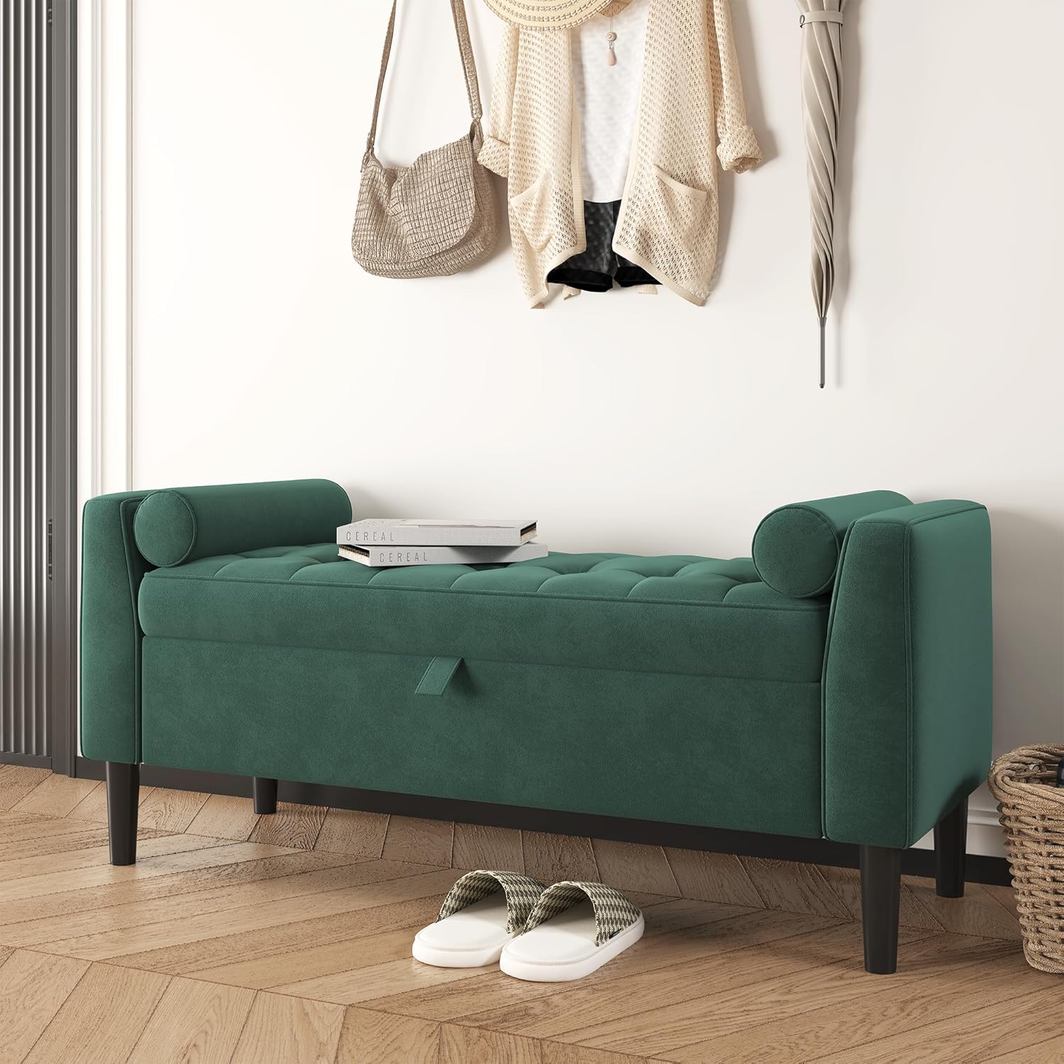 Qeetex LXL-PHK-34P9MAAD Storage Ottoman Bench – Upholstered End-of-Bed Storage Chest with Rolled Armrests  Wood Legs Entryway Shoe Bench and Footrest Seat for Hallway Bedroom Living Room  Walk-in Closet (Green)