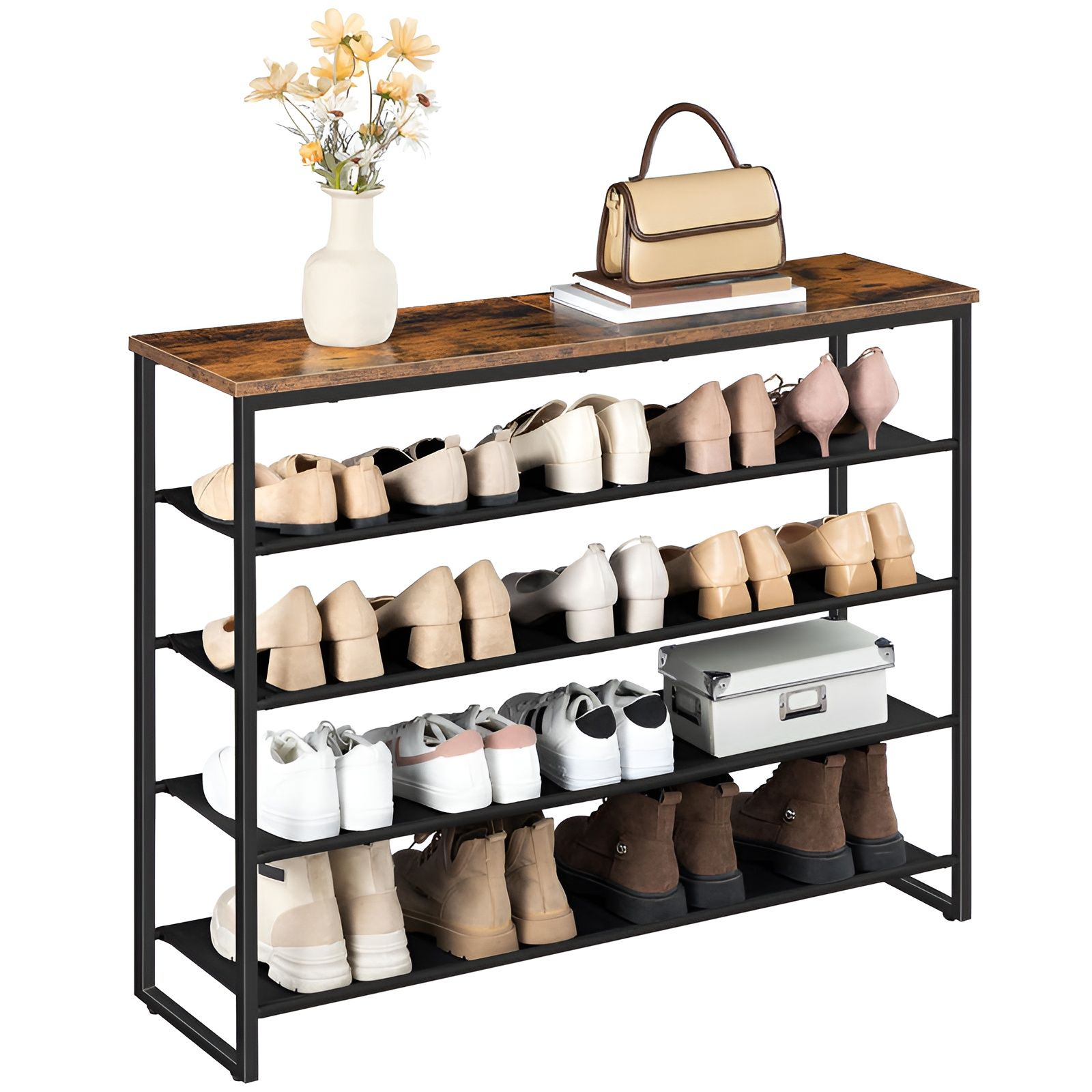 Slickblue 29.5 inches H 5 Tier 12-16 Pair Brown and Black Particleboard Metal Fabric Shoe Rack Organizer for Entryway Closet