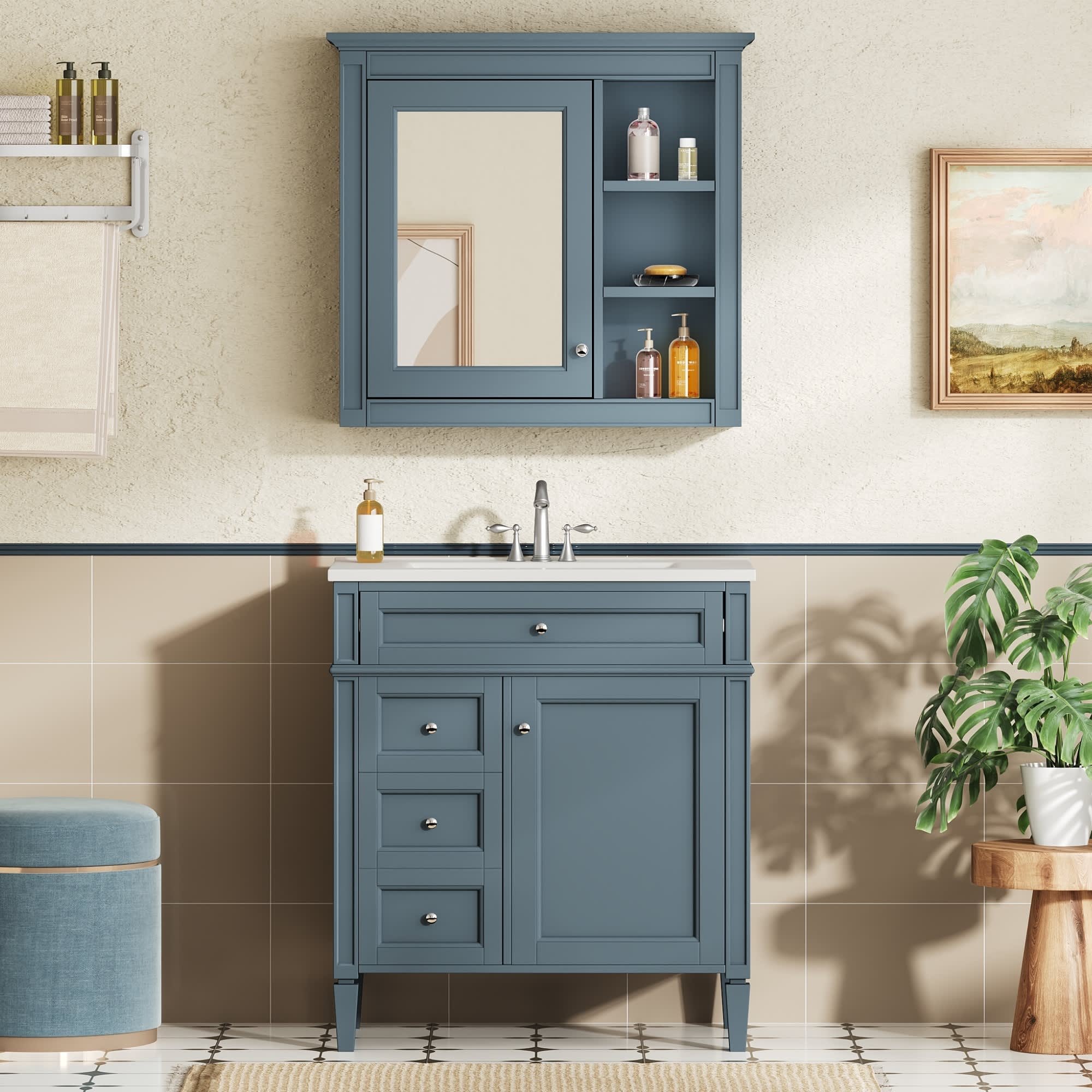 MooxvMoo 30-in Bathroom Vanity with Top Sink and Mirror Cabinet (Blue) #MXVOC338