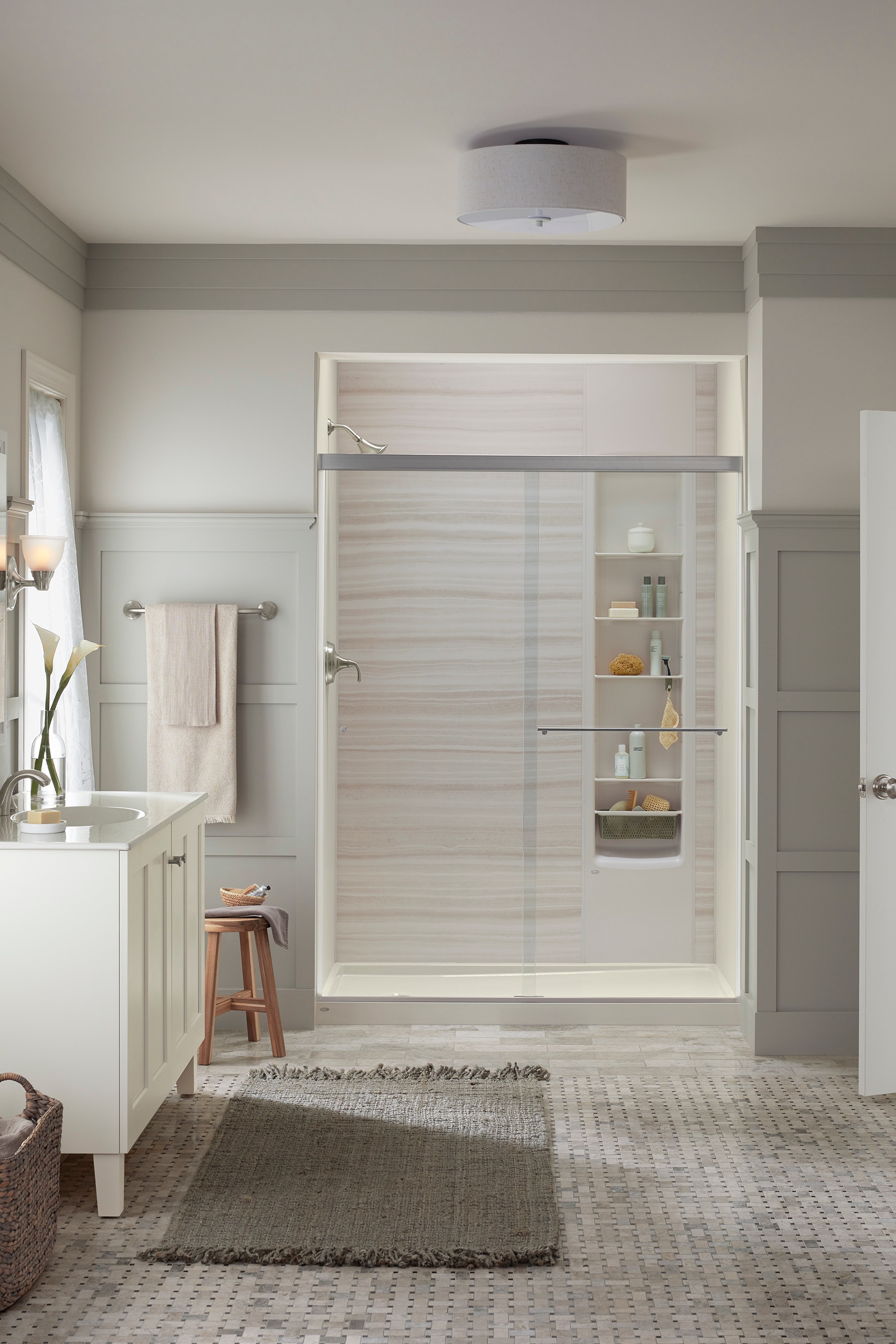 KOHLER 707206-L-BNK Revel Anodized Brushed Nickel 56-in to 60-in W x 76.0-Inches H Frameless Sliding Soft Close Shower door 5/16-in Thick Clear Glass