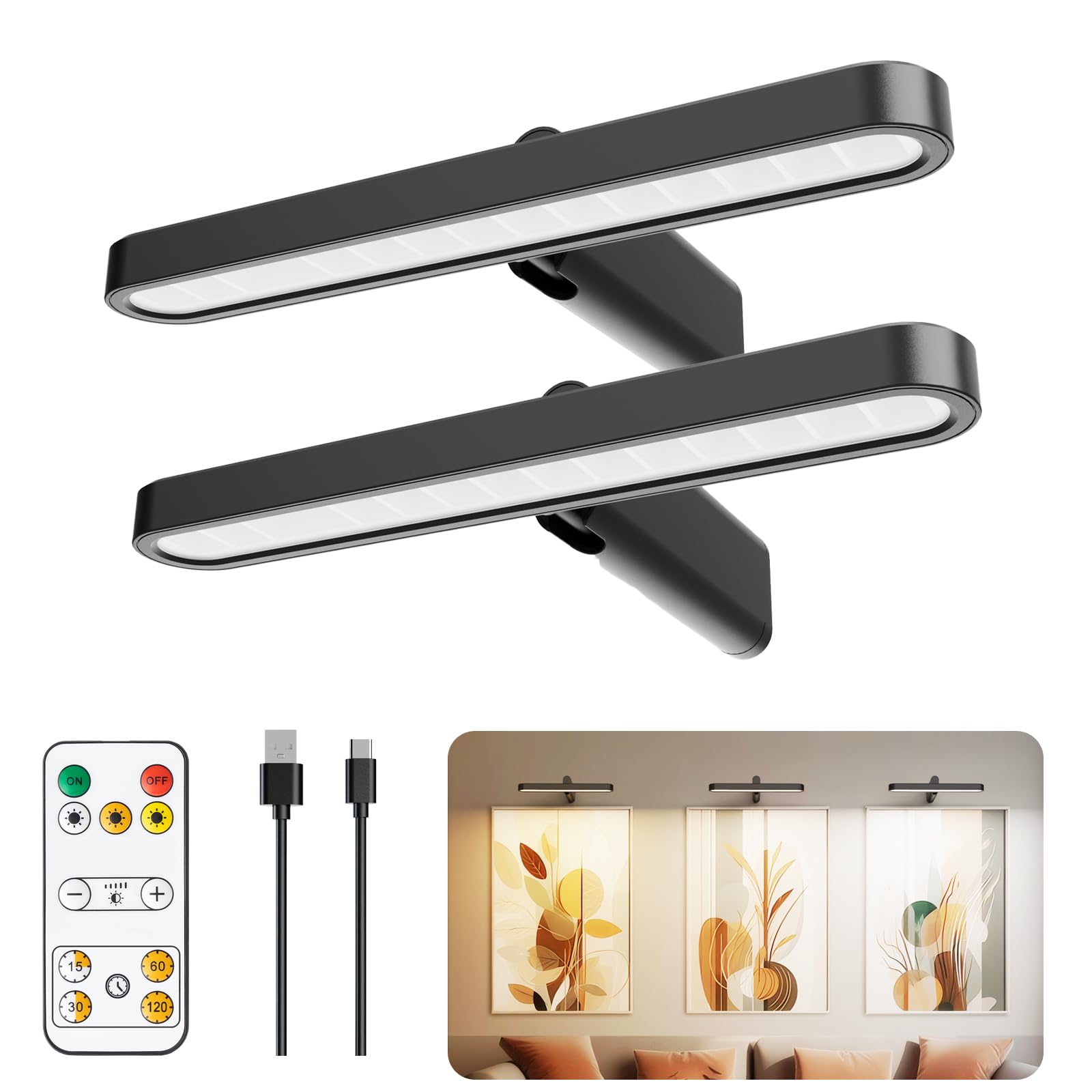 CYIKE  Wireless Picture Light renewable power Mini Painting Display Light with Remote Control and Timer for Wall Mounted Art Frame 2 Pack