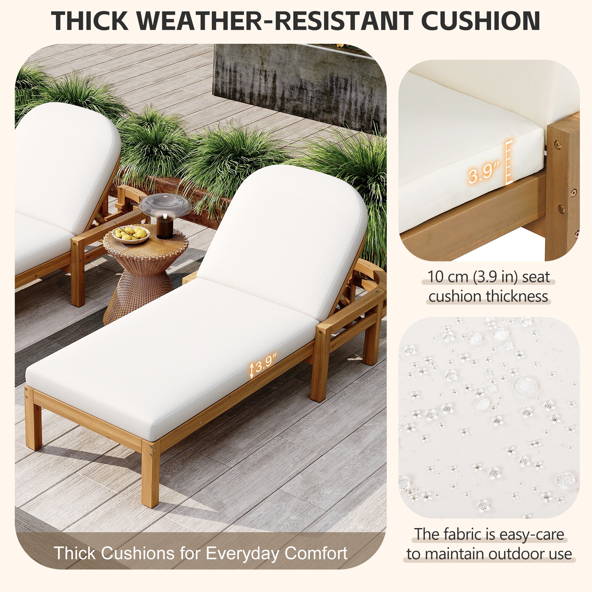 Close-up of the thick cushion and wood frame.