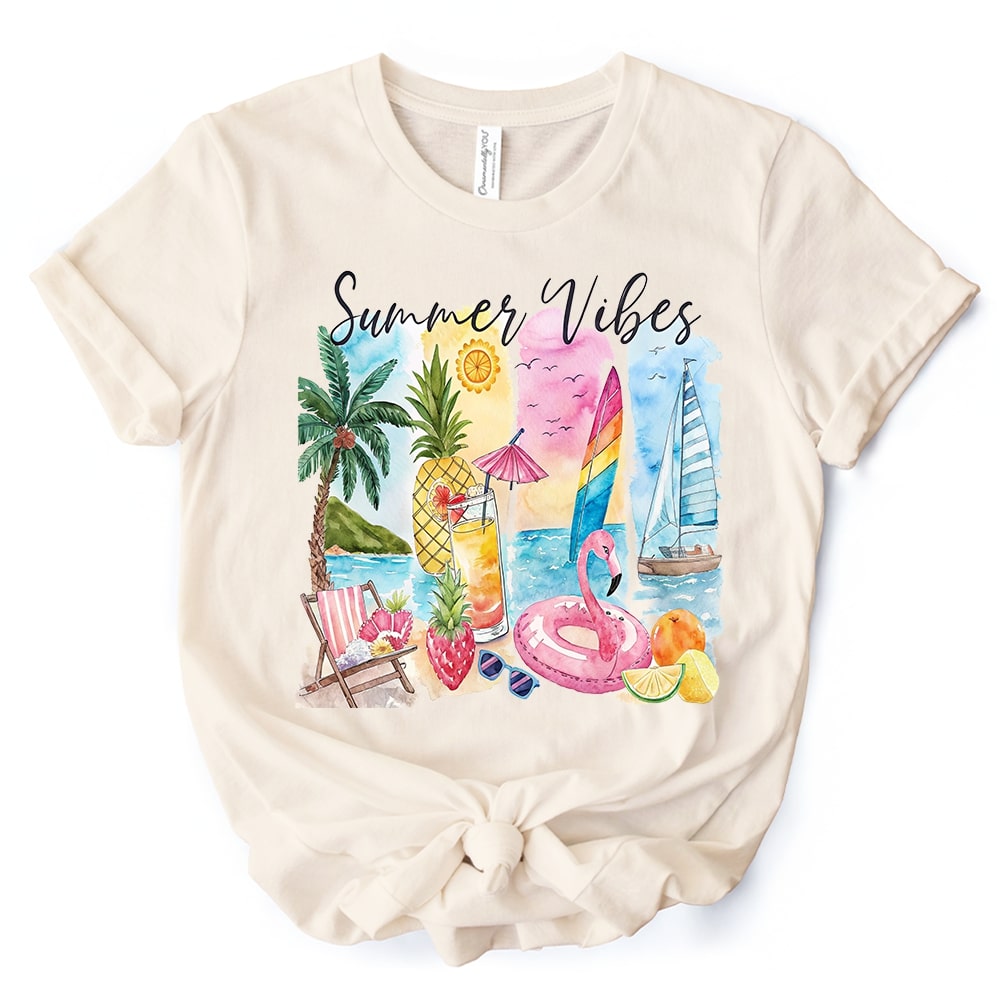 OrnamentallyYou TSHIRT1075-NAT-L Summer Vibes T-Shirt Vacation Beach Tee