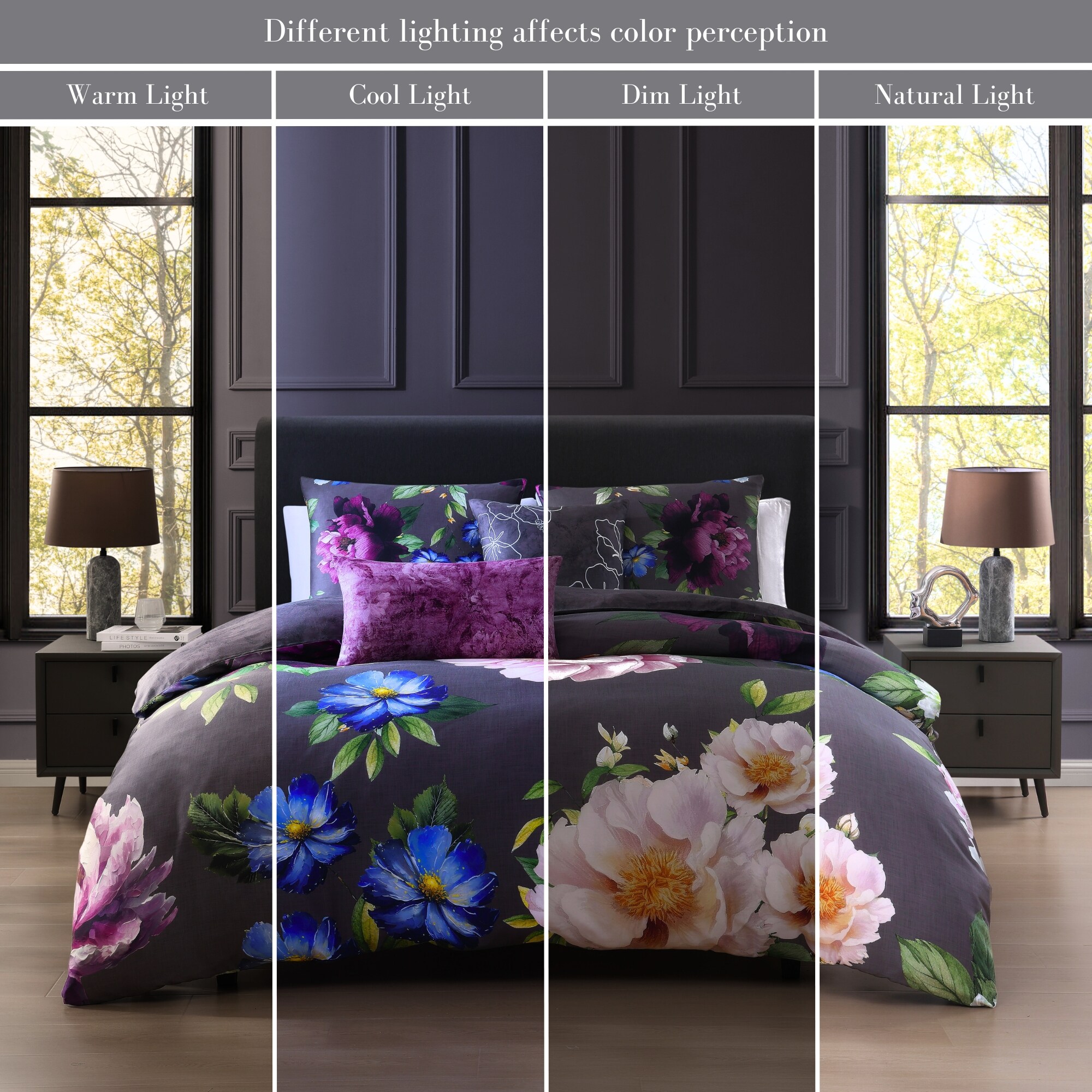 Elegant Blossoms Gray Cotton Queen Reversible Comforter Set
