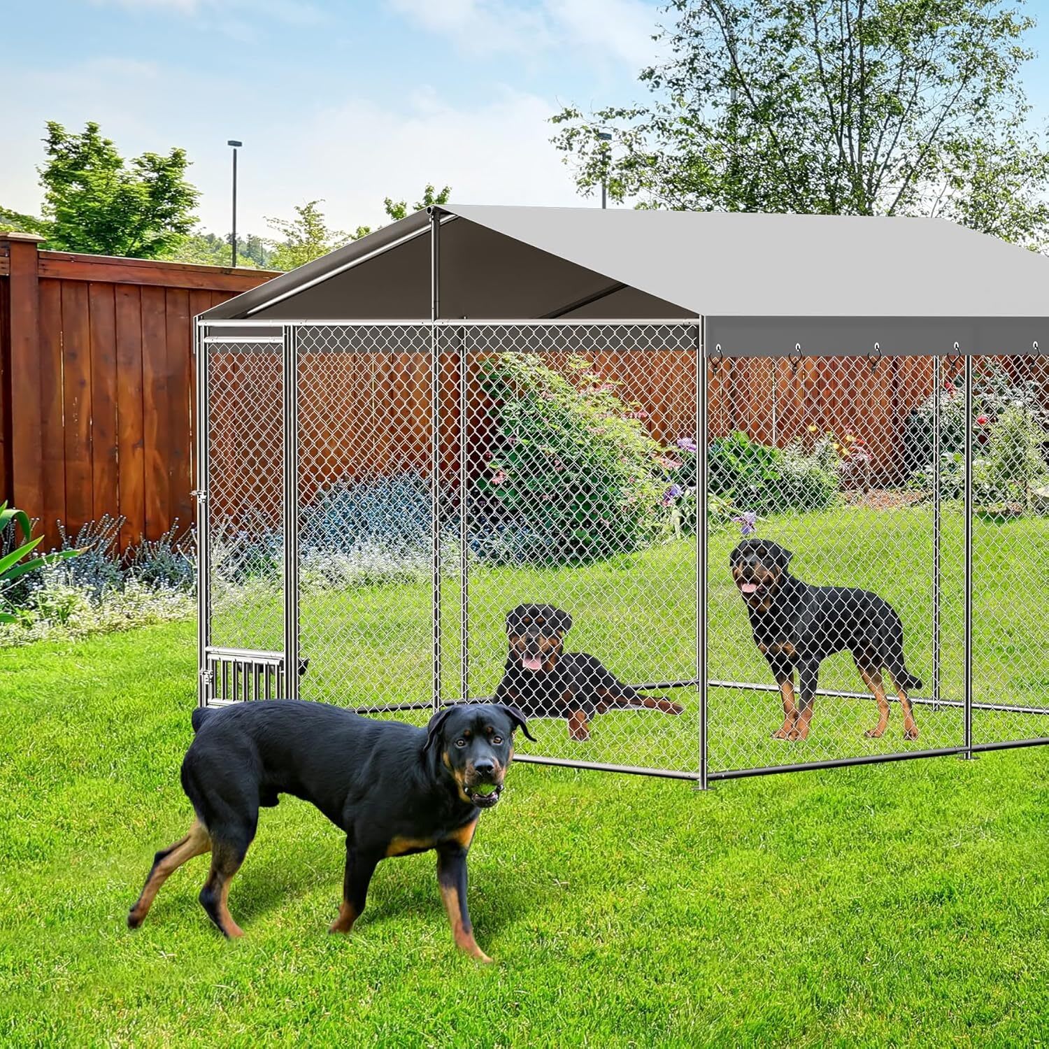 Qeetex GGL-PHO-15AIJK1N Large Outdoor Dog Kennel 10x10 Ft-Heavy Duty Dog Cage with Waterproof Cover Roof- Water-Resistant Canopy-Heavy Duty Dog Enclosure with Secure Lockable Door for Medium and Large Dogs
