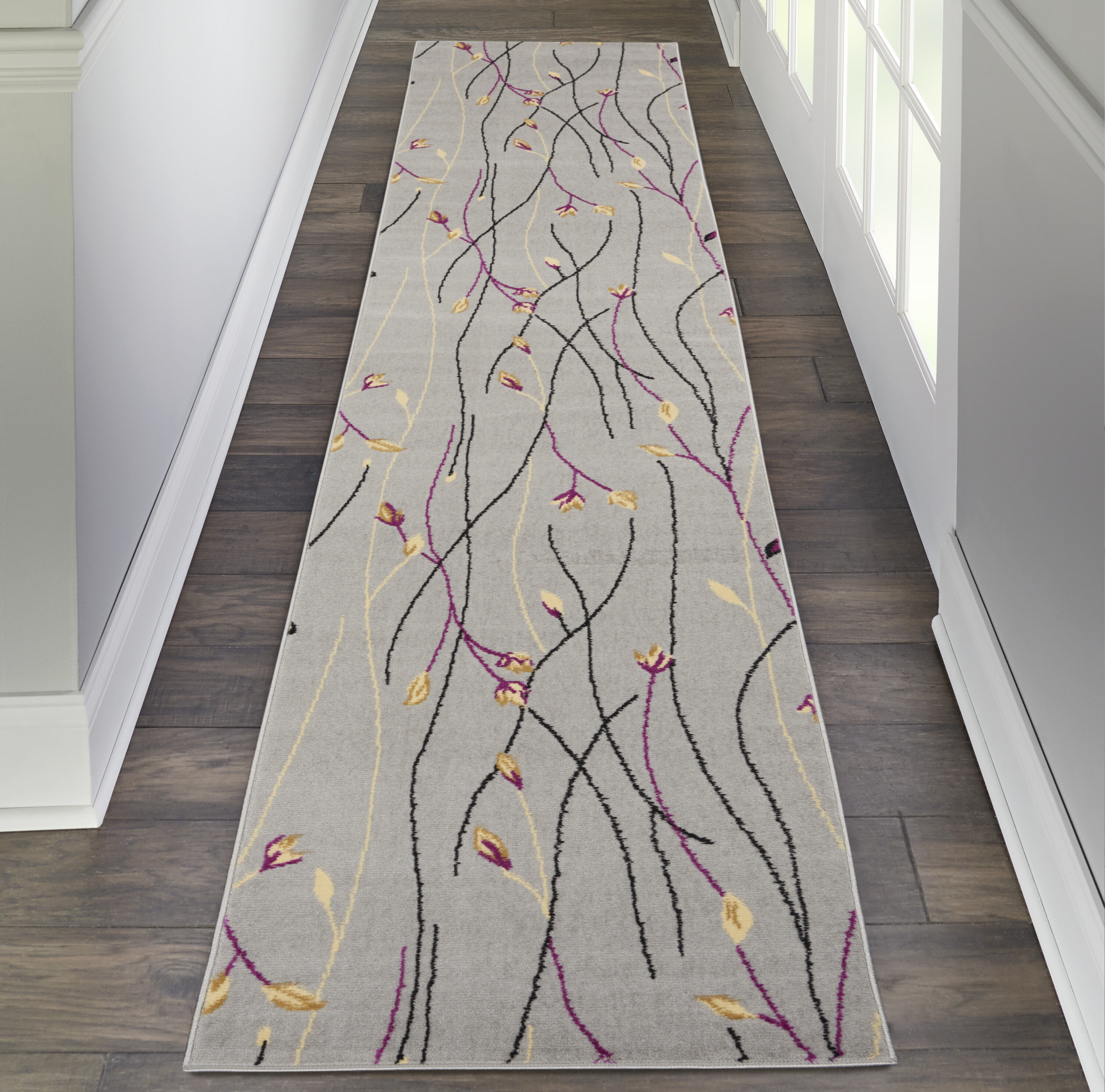 Nourison 99446728494 Grafix 2 x 12 (ft) Loomed Polypropylene Grey Irregular Indoor Floral/Botanical Bohemian/Eclectic Area rug
