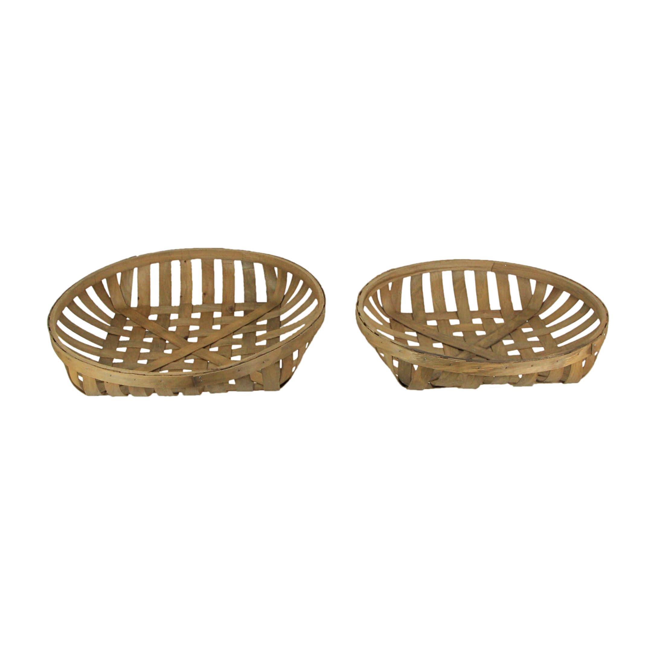 Audreys AUD-8B2252 Round Natural Woven Wood Tobacco Basket Tray Decorative Serving Display Set of 2
