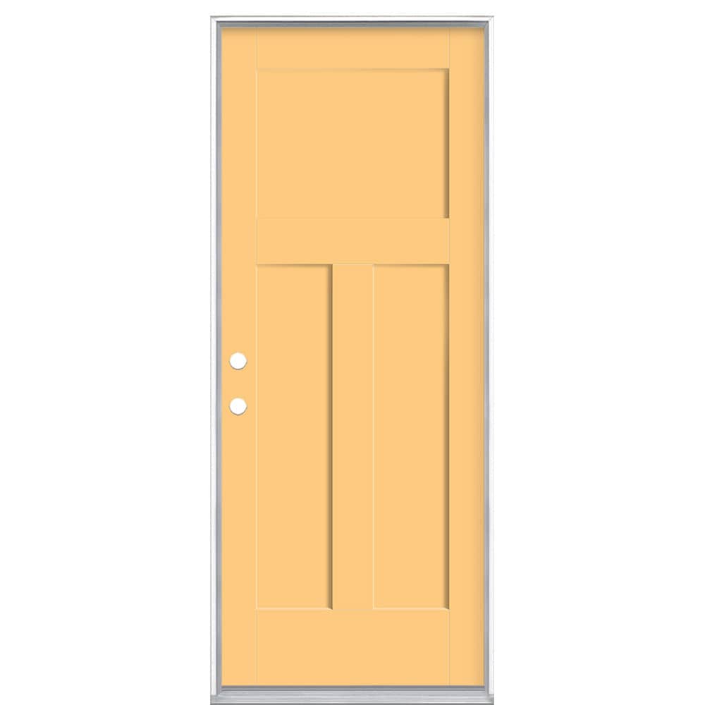 Masonite 62725 Winslow 32-in x 80-in x 4-9/16-in Fiberglass No glass Right-hand inswing Cabana Yellow Painted Prehung Front Door with Brickmould Insulating core