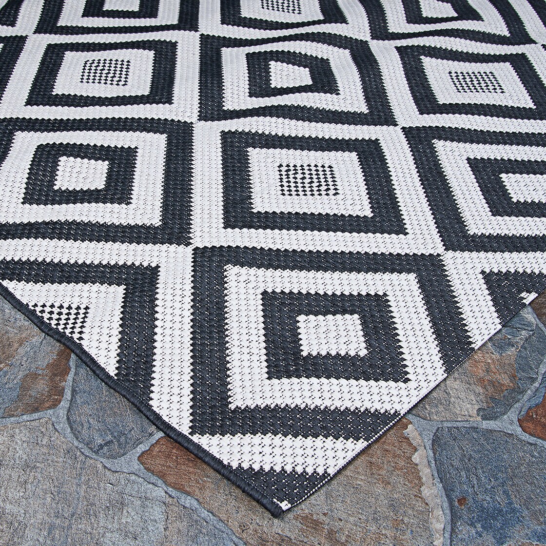 Black Geometric Flat Woven Synthetic Indoor/Outdoor Area Rug