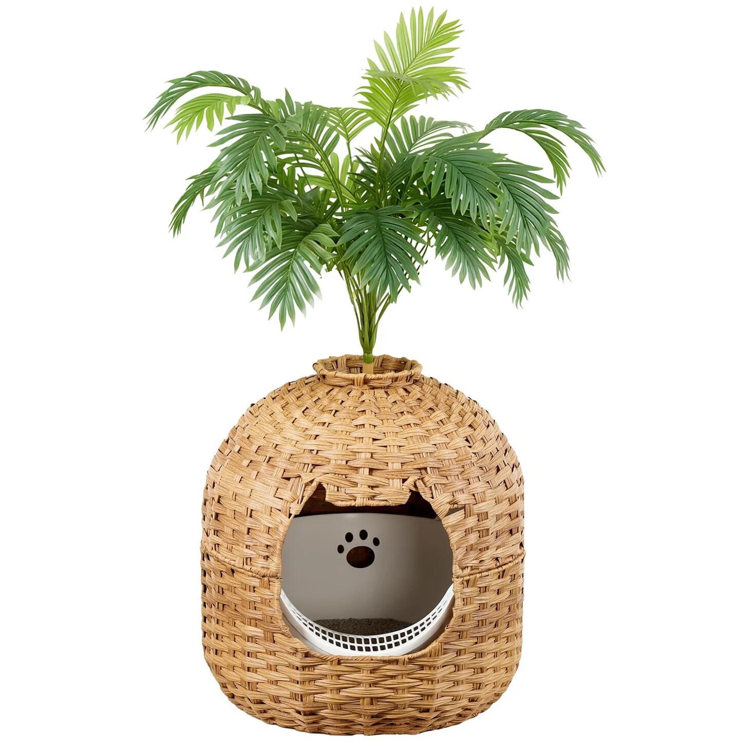 Slickblue Brown/Natural Cat Litter Box with Rattan Weave Metal Frame and Flowerpot Design for Living Room Bedroom Bathroom Apartment