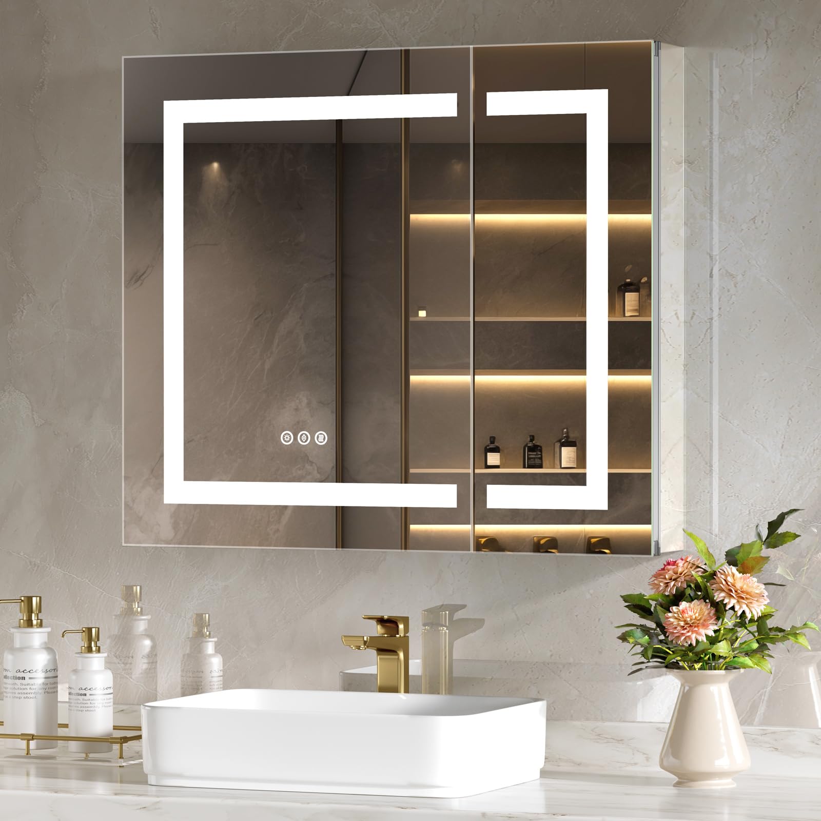 LOVMOR  30 Inch x 26 Inch LED Lighted Medicine Cabinet with Mirror Bathroom Mirror Cabinet with Lights Outlet USB Recessed or Wall Mounted Adjustable Shelf 3 Color Dimmer Anti Fog