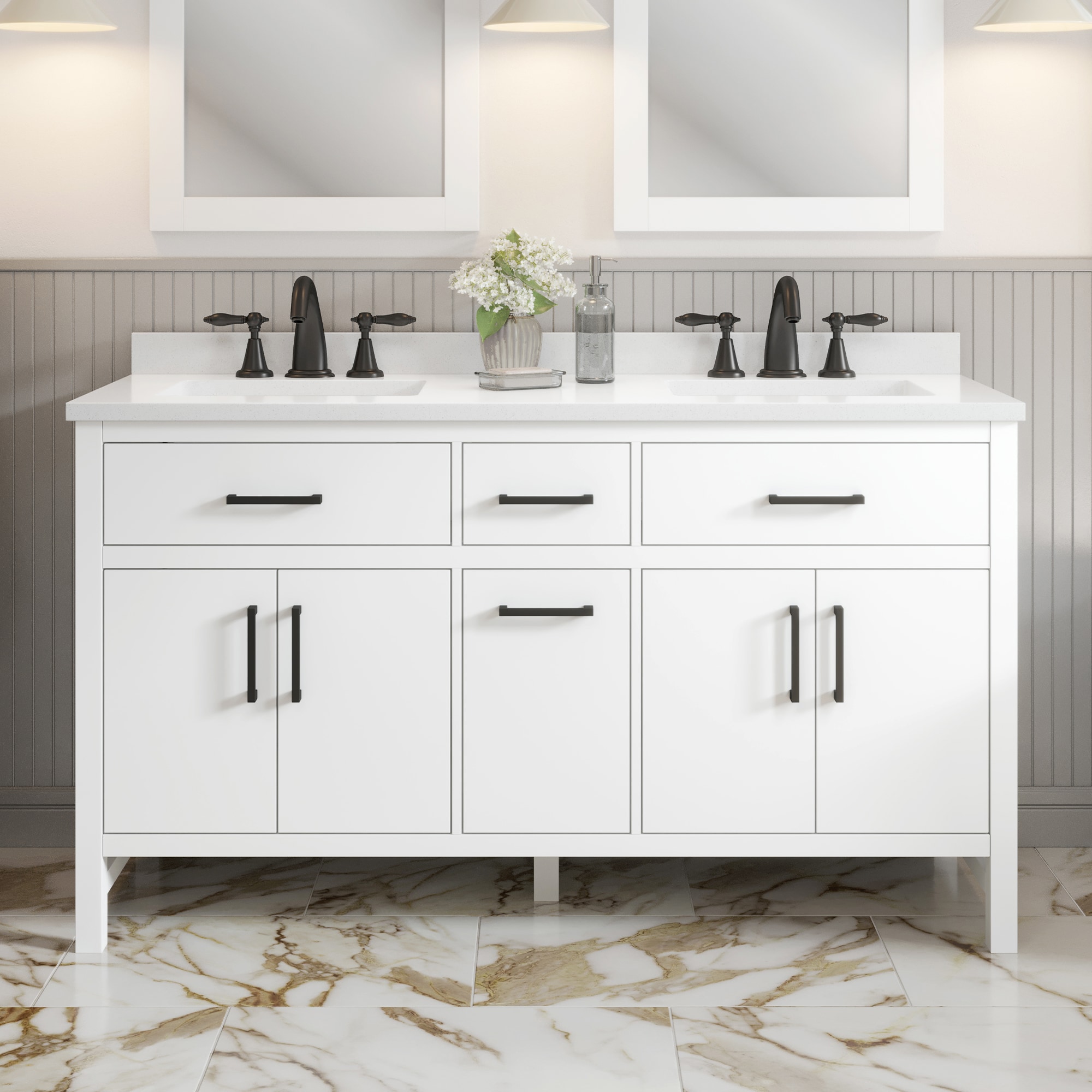 Taylor 60-in Pure White Undermount Double Sink Bathroom Vanity with White Quartz Top | - OVE Decors 15VVA-TAYL60-007